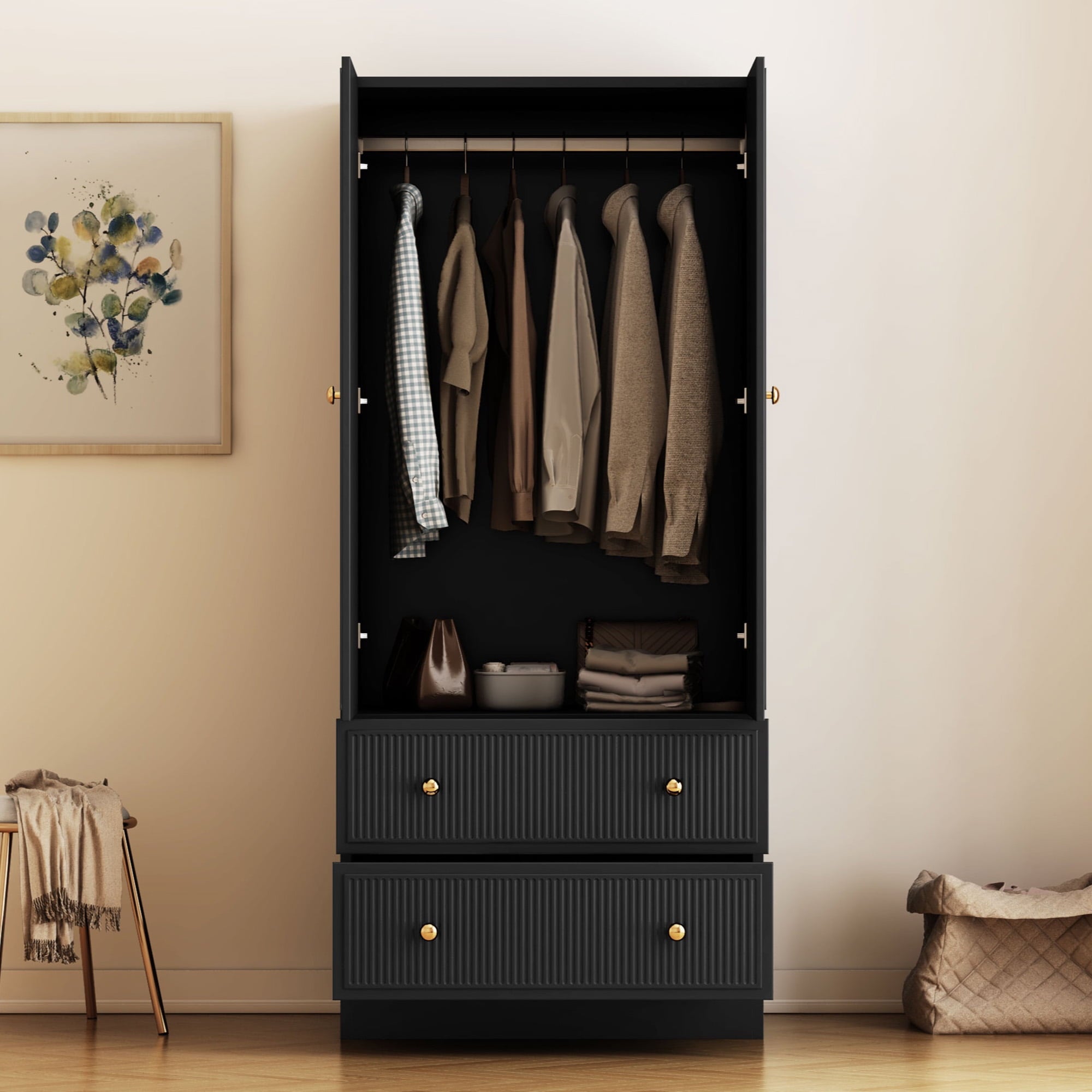 Wirrytor Freestanding Wooden Armoire Wardrobe with 2 Woven Doors and Storage Drawers, Space-Saving Closet Cabinet for Bedroom, Sturdy Mdf Board Closet with Hanging Rail