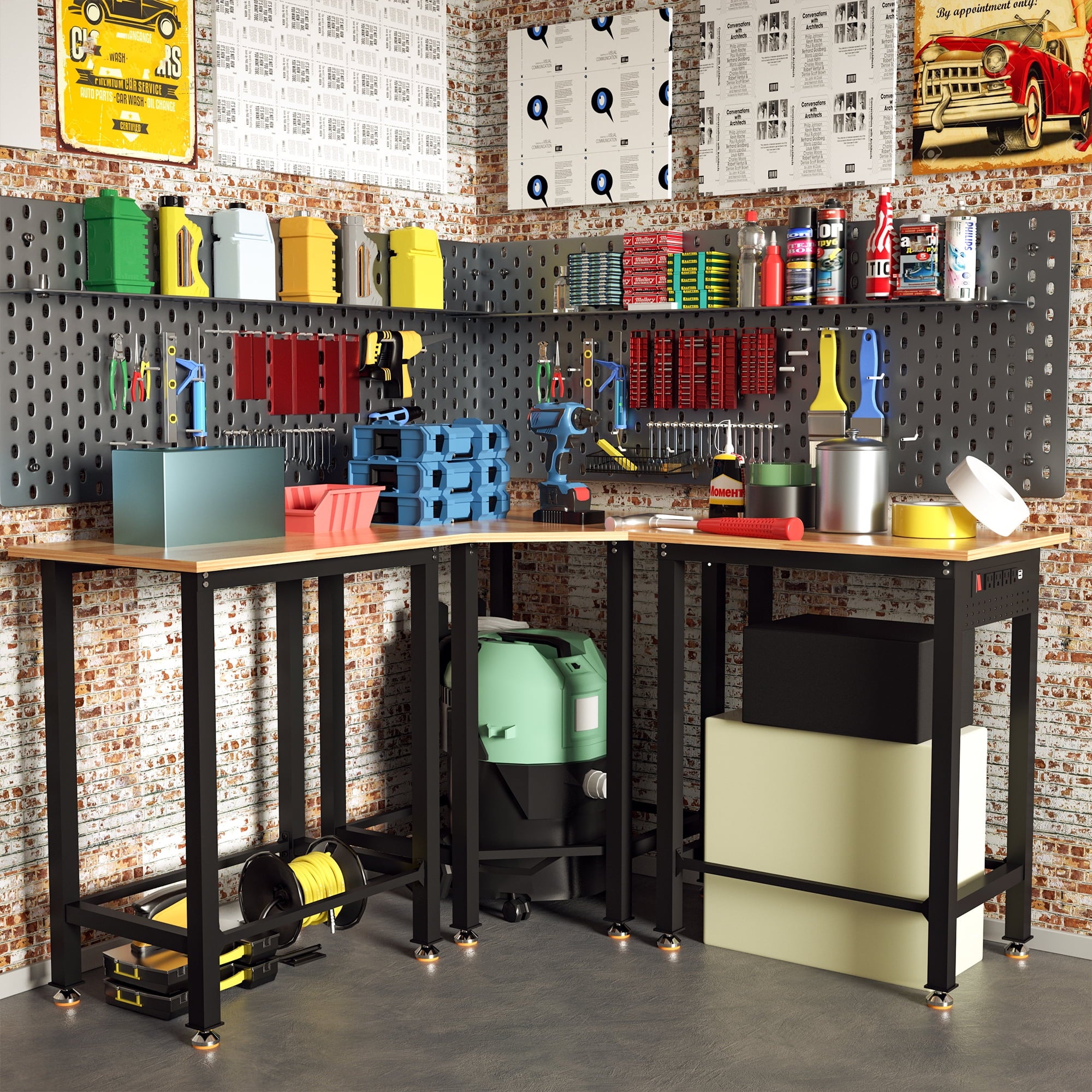 Joywind 60 Heavy-Duty Adjustable Workbench with Locking Wheels, Power Strip & Pegboard – Rubber Wood Work Table for Garage, Workshop, Home Office
