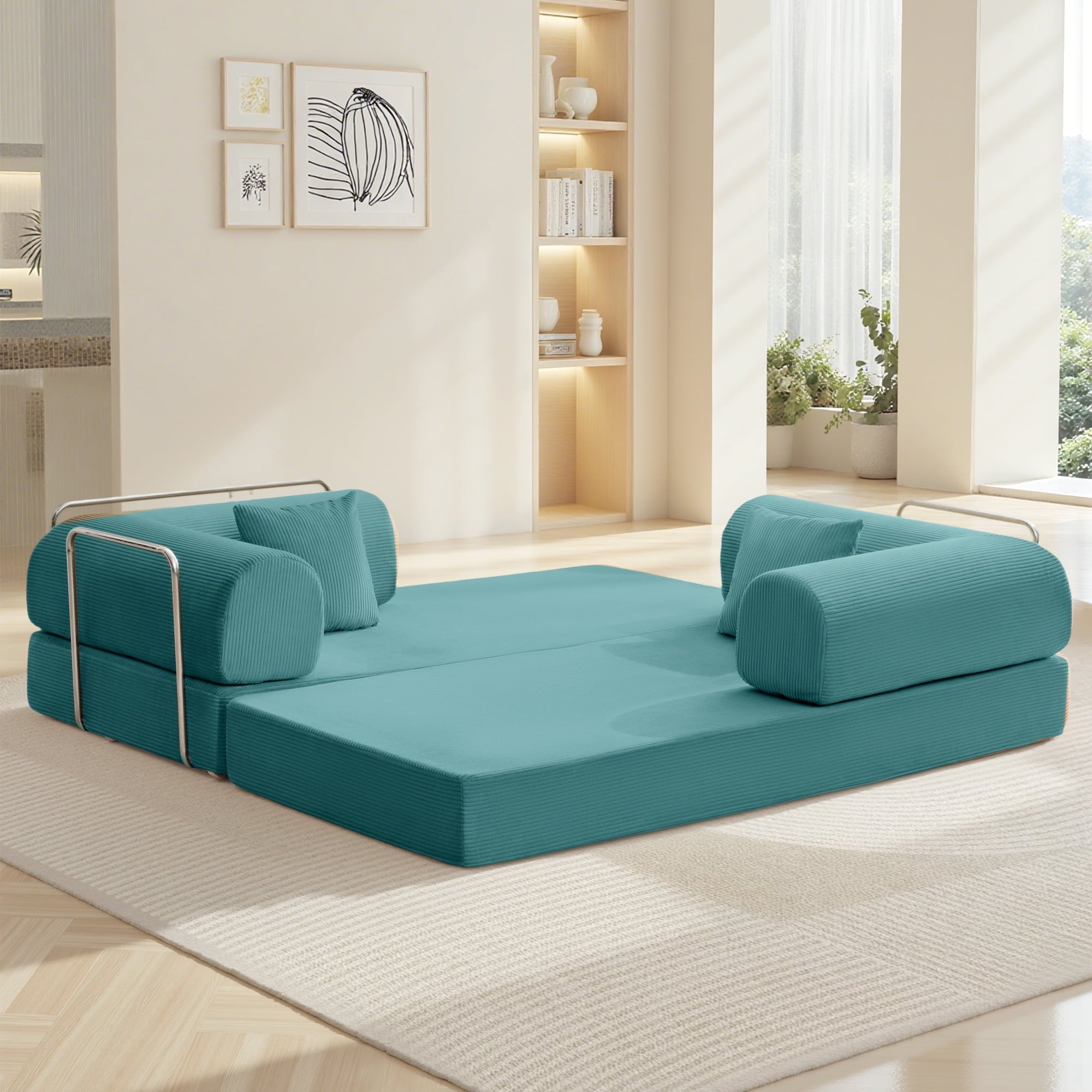 COOLHUT 63 W Combination Sofa, High Rebound Density Foam Sofa Couch, Two Forms Floor Couch Three Seats Sofa Bed for Living Room, Bedroom, Green