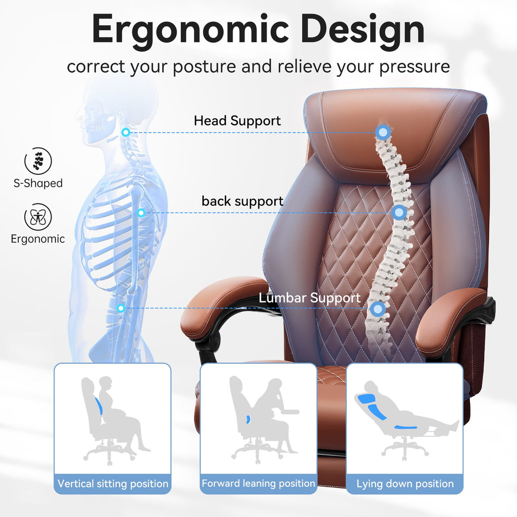 FASTES Ergonomic Office Chair, Big and Tall Leather Desk Chair with Footrest and Lumbar Support, 2-Position Reclining Executive Computer Chair, Black