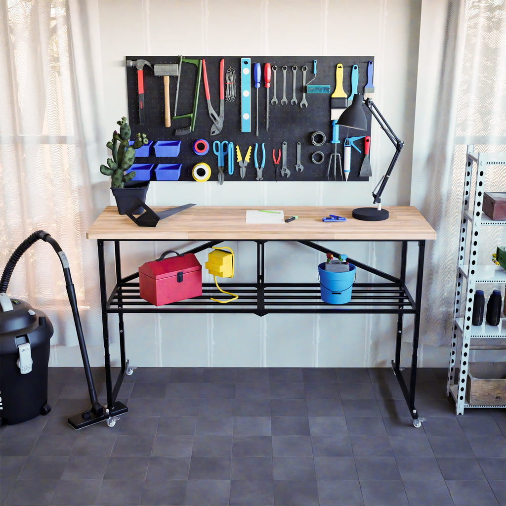 68 Folding Workbench with 1.5 Thick Hardwood Top, 2000 LBS Heavy Duty Adjustable Height Garage Work Table with Locking Wheels for Shop, Office, Crafting