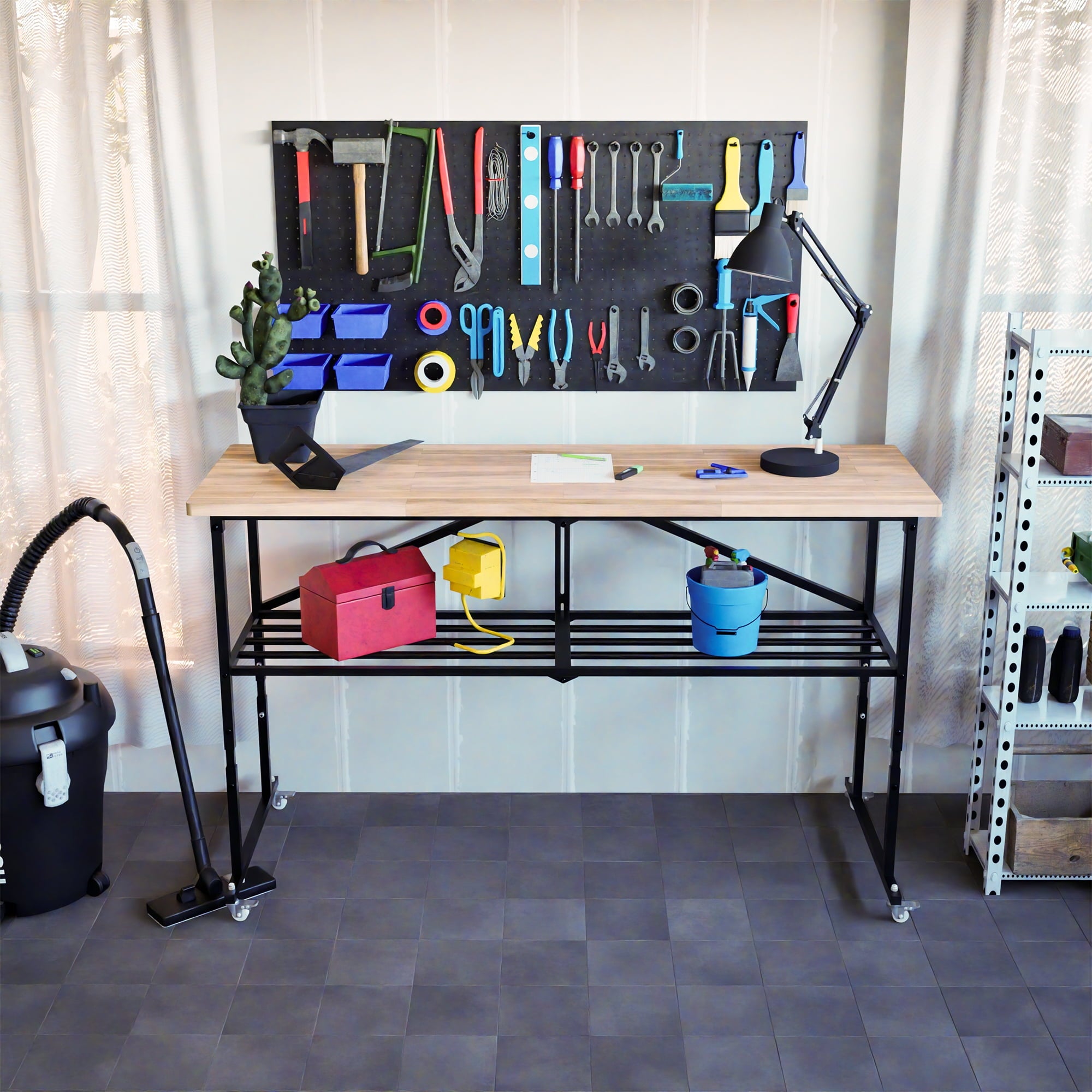 68 Folding Workbench with 1.5 Thick Hardwood Top, 2000 LBS Heavy Duty Adjustable Height Garage Work Table with Locking Wheels for Shop, Office, Crafting