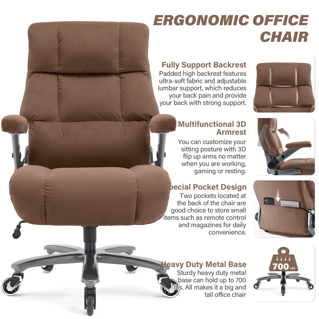 Big and Tall 700lbs Office Chair, Ultra-Soft Fabric Executive Desk Chair, Ergonomic Computer Chair with 3D Flip Up Arms, Adjustable Lumbar Support, Heavy Duty Metal Base and Quiet Rubber Wheel, Black