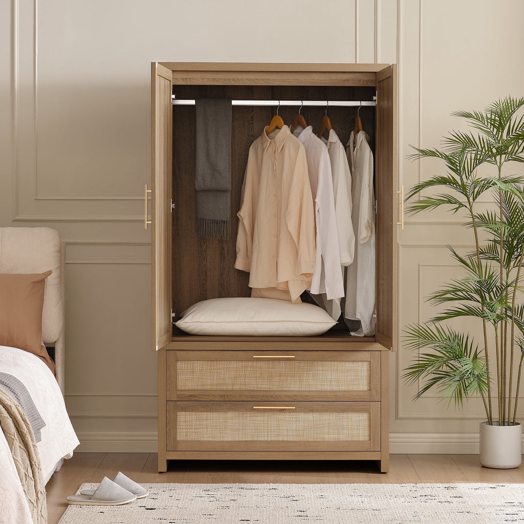 SICOTAS 40W Oversized Boho Armoire Wardrobe Closet with 2 Large Drawers, 71 Tall Rattan Clothing Storage Cabinet with Shelves & Hanging Rod, Farmhouse Freestanding Wardrobe Cabinet for Bedroom, Oak