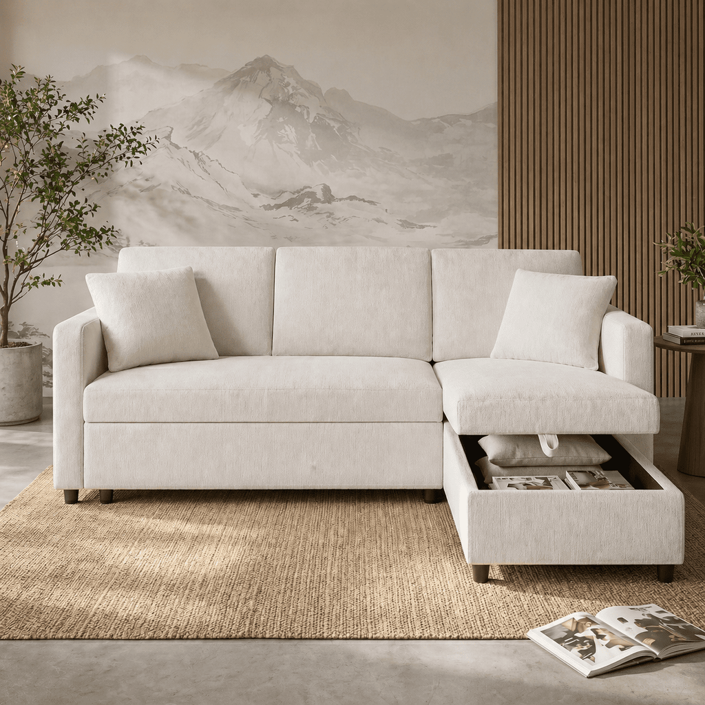 BINBANK L-Shaped Chenille Pull Out Sleeper and Storage Chaise Sectional Futon Sofa Bed with USB, Gray/Beige