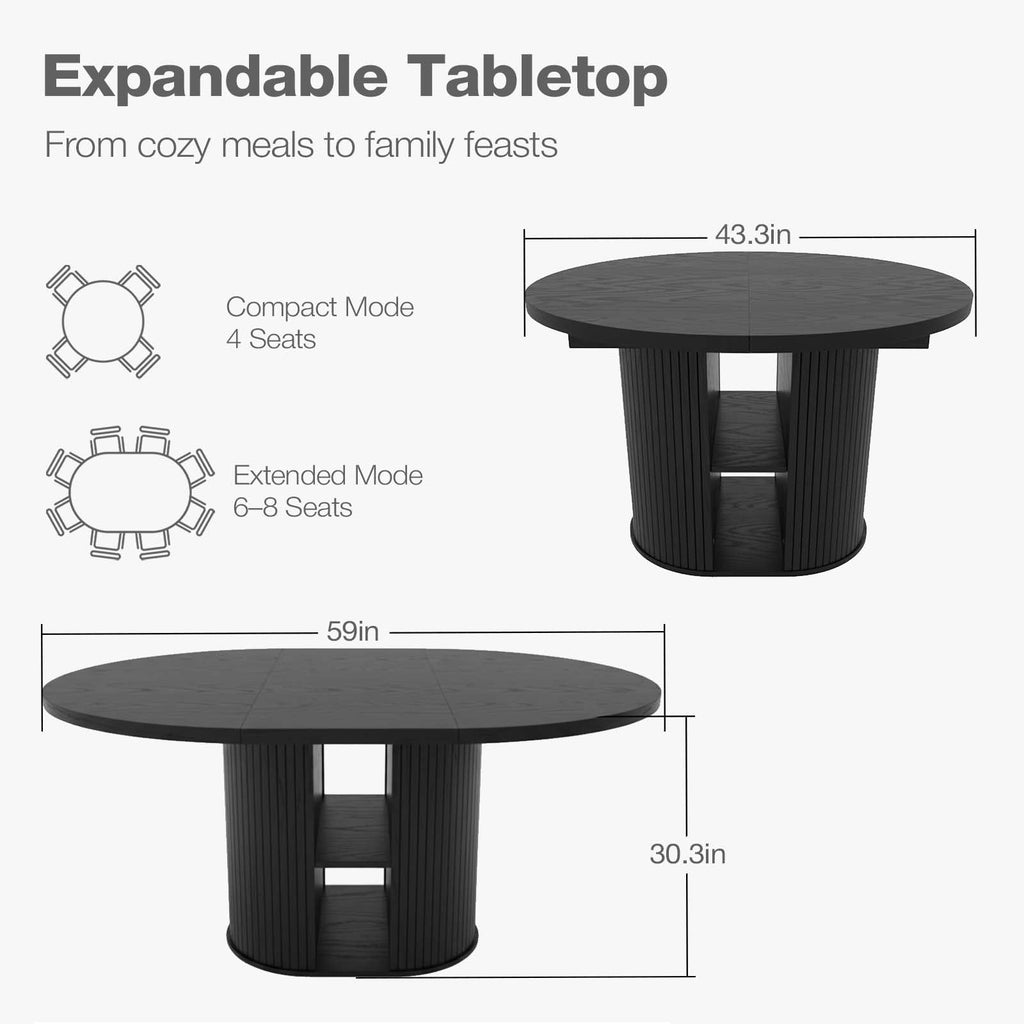 Advwin 59 Extendable Round Dining Table for 4–8, Modern Wood Oval Kitchen Table with Storage Shelf, Space-Saving Expandable Circle Dinner Table for Dining Room, Black