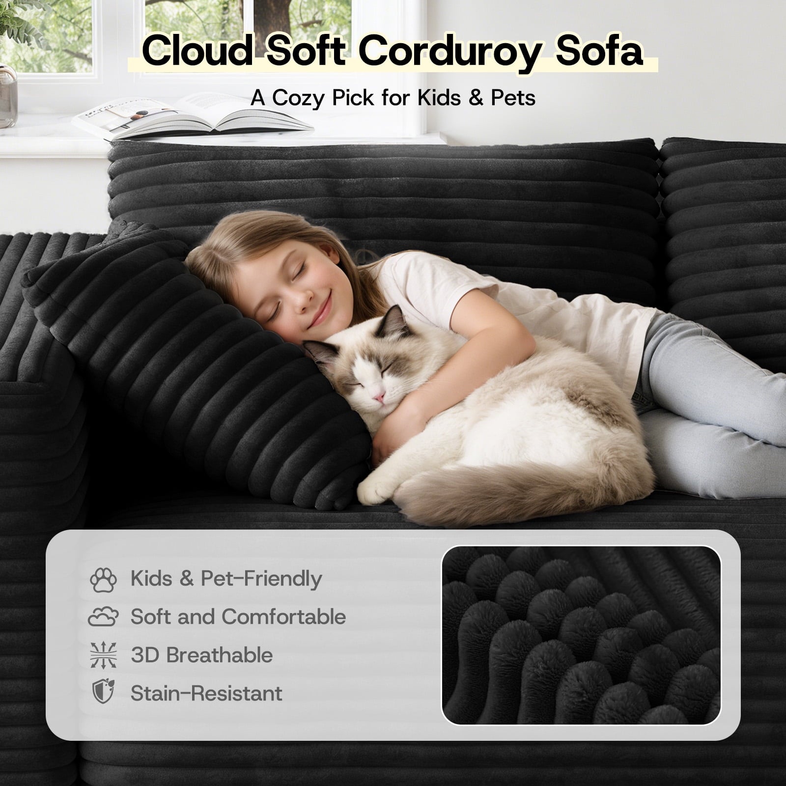 Patbrela 106 Sectional Couch for Living Room, L-Shaped Boneless Cloud Couch Corduroy Modern Sectional Sofa with Deep Seat and Thickened Cushion, No Assembly Required, Black