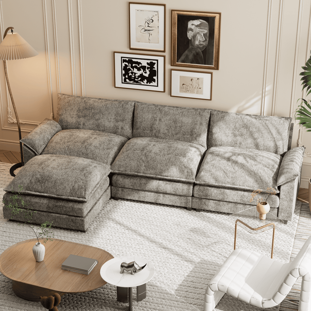 Homall 3-seat L-shaped Cloud Couch Sectional Sofa with reversible toffee chair Movable Footrest Sofa, Gray