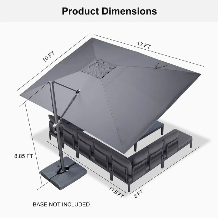 PURPLE LEAF 10' X 13' Rectangle Cantilever Umbrella with Base Outdoor Large Aluminum Patio Umbrella with 3-Year Fade Resistance Recycled Fabric and 360-degree Rotation for Deck Pool, Graphite Grey