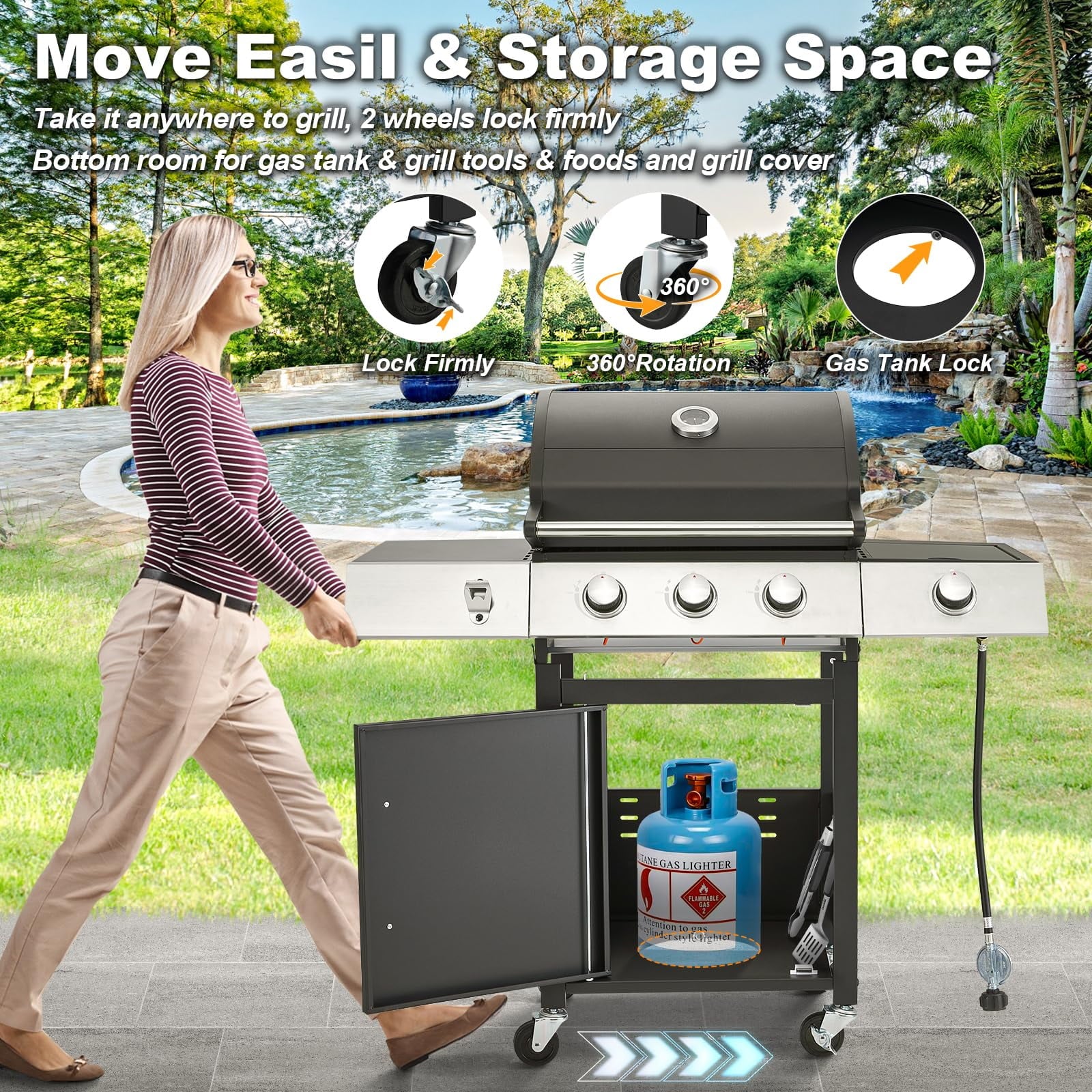 MELLCOM Upgraded 36,000 BTU Stainless Steel Burner Barbecue Grill, 3 Burner BBQ Propane Gas Grill with Cast Iron Grates & Side Stove for Patio, Camping, Outdoor Cooking