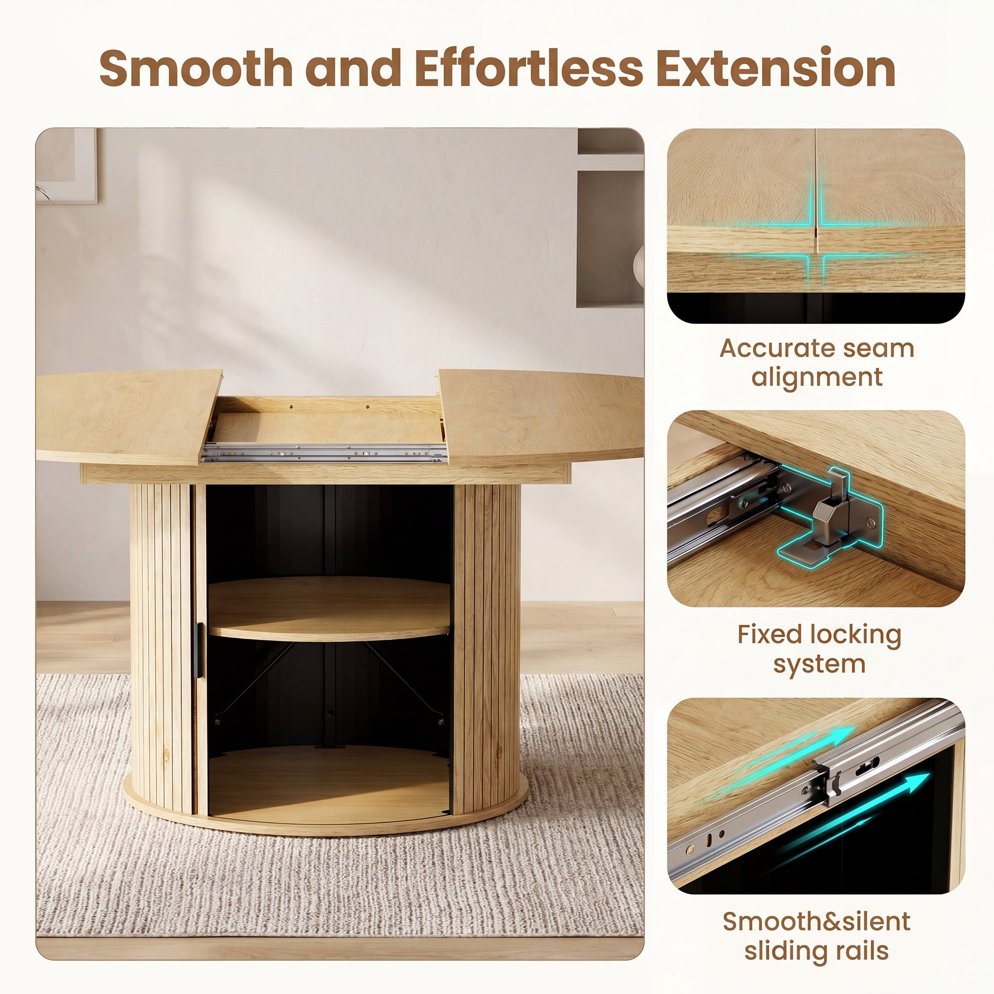 EOP 47″- 63″ Extendable Round Dining Table for 4-6, Wooden Kitchen Table with Hidden Storage and Fluted Sliding Door Cabinet, Modern Space-Saving Table for Dining Room Kitchen, Walnut