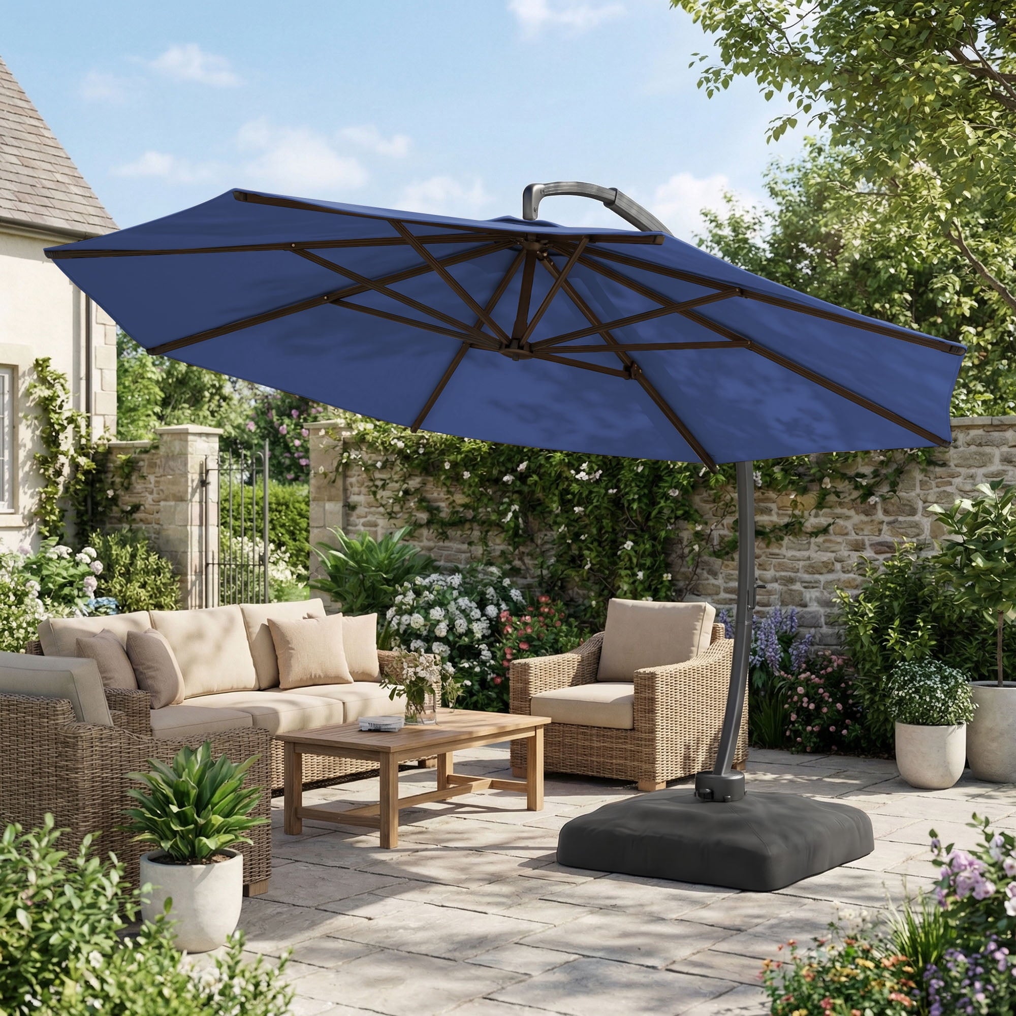 LAZZO 12ft Outdoor Patio Umbrella with Base and Lights, Aluminum Offset Cantilever Umbrella for Pool Deck, Champagne