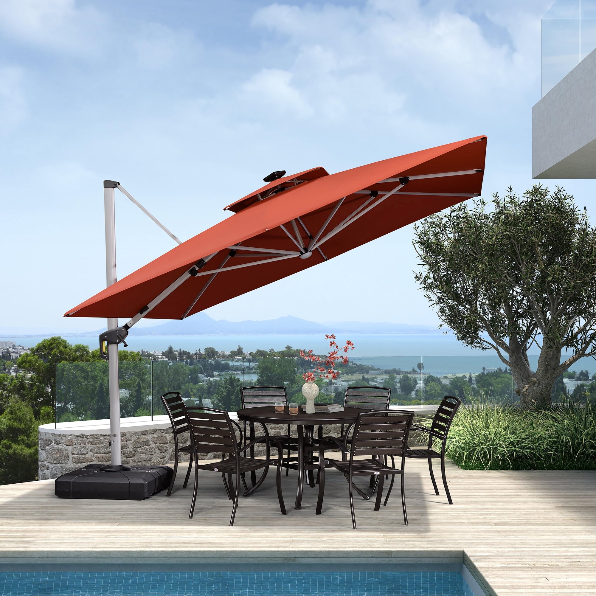 PURPLE LEAF 9 x 12FT Deluxe Rectangle Solar Powered LED Patio Umbrella with Base, Large Offset Cantilever Umbrella with 360° Rotation, Navy Blue