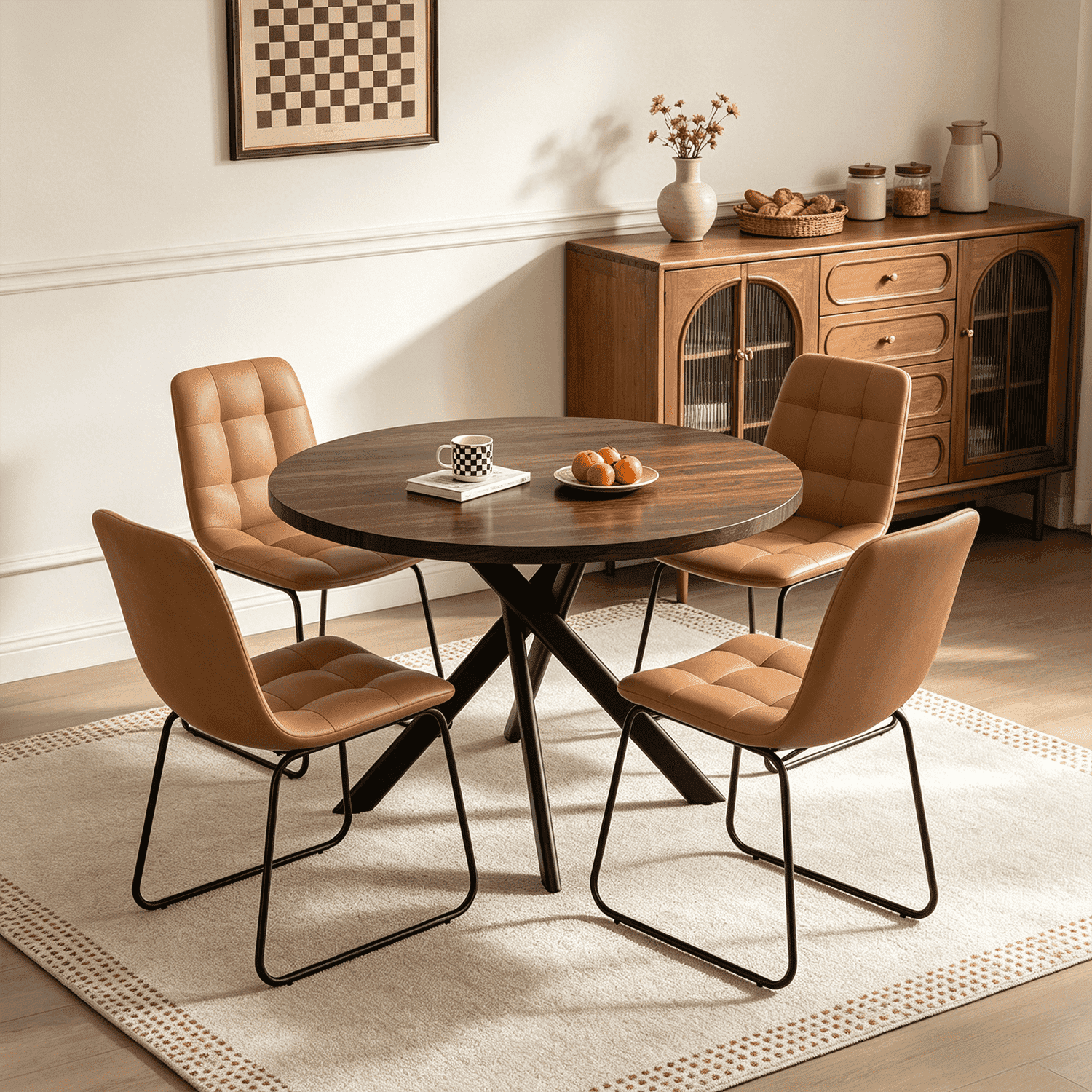 43.5 Round Dining Table for 4, Space Saving Kitchen Table with Metal Legs, Mid Century Modern Dining Table for Dining Living Room Apartment Small Space