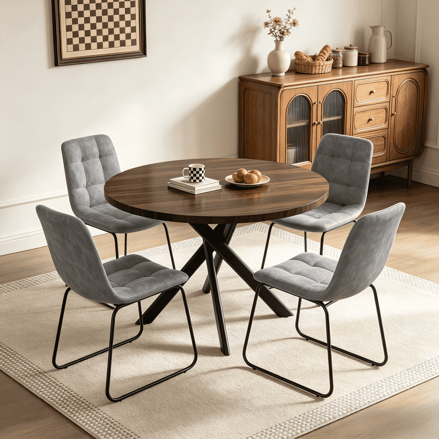 43.5 Round Dining Table for 4, Space Saving Kitchen Table with Metal Legs, Mid Century Modern Dining Table for Dining Living Room Apartment Small Space