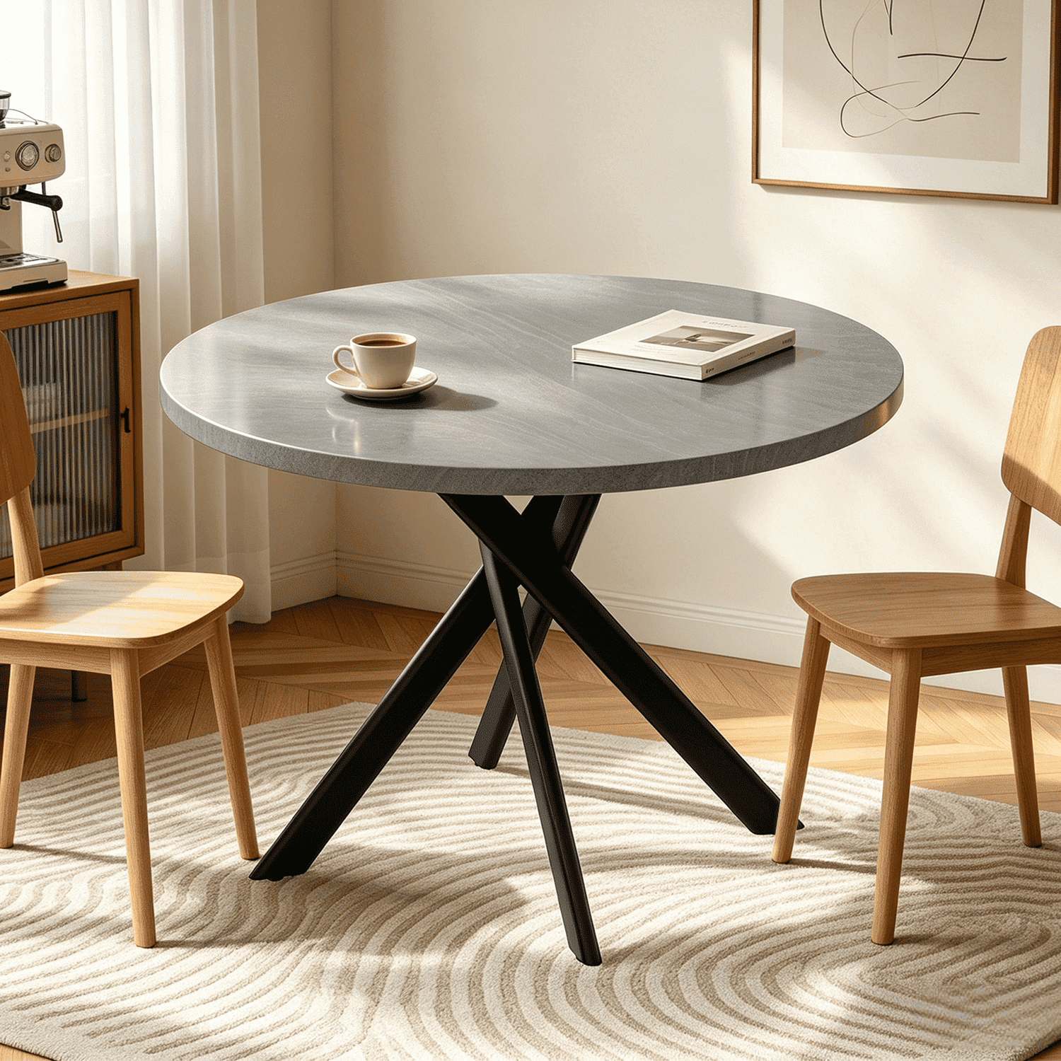 43.5 Round Dining Table for 4, Space Saving Kitchen Table with Metal Legs, Mid Century Modern Dining Table for Dining Living Room Apartment Small Space