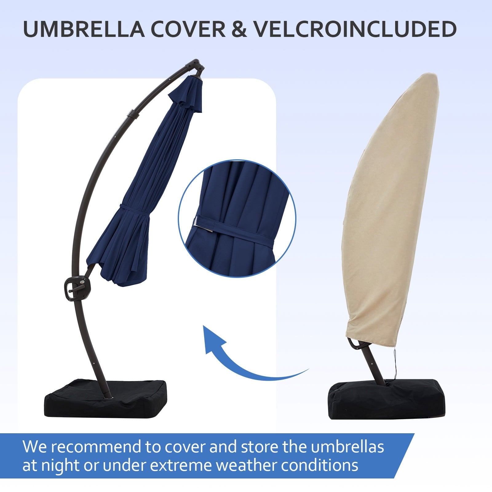 FUNDAZE 11ft Market Patio Umbrella with Base, Curved Cantilever Hanging Sun Shade with Crank & Tilt for Garden, Deck, Poolside,Beige