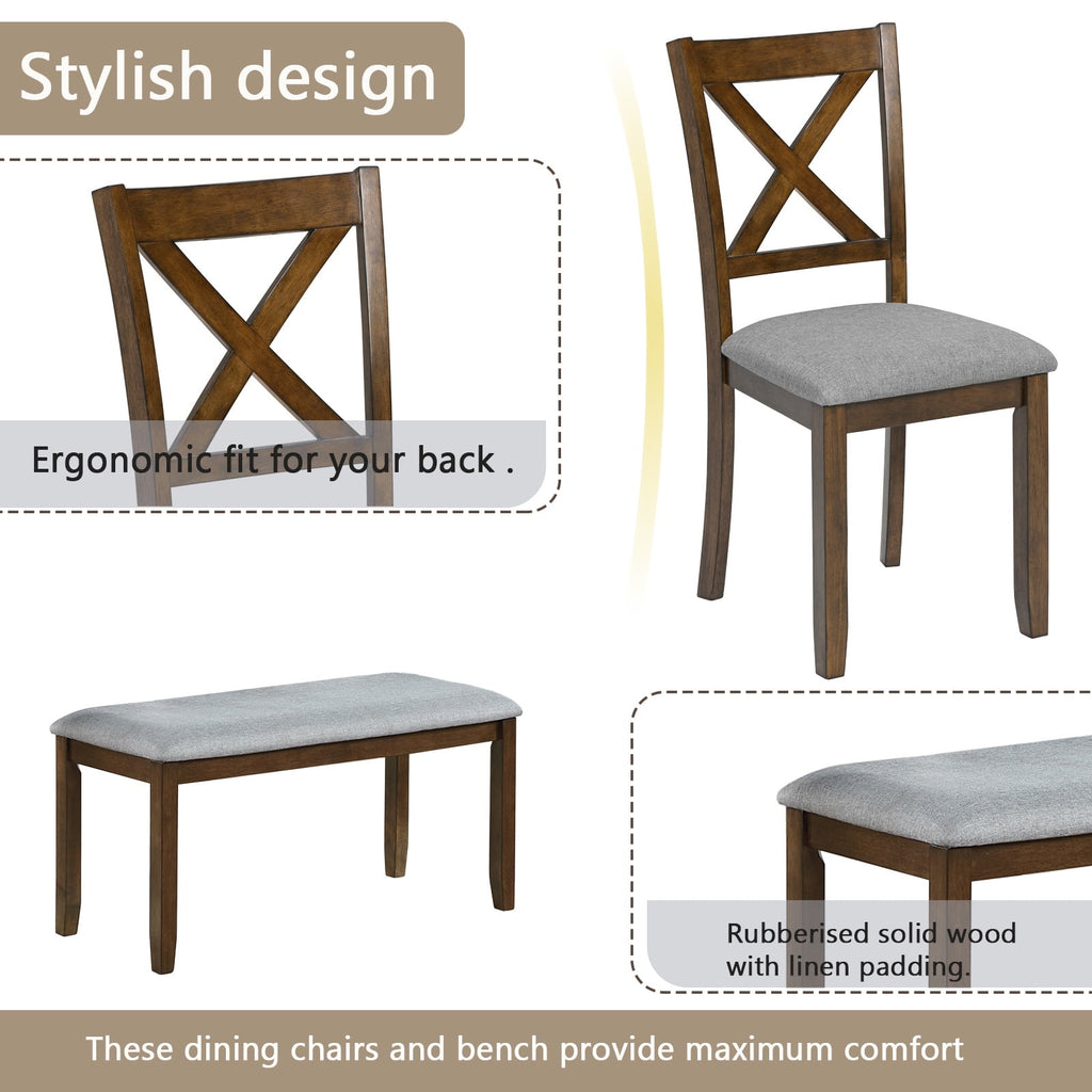 Dining Room Set, LEGAHOME 6 Piece Dining Sets with Bench and Chairs, Solid Wood Kitchen Dining Table Set for 6 with Upholstered Chairs, Gray