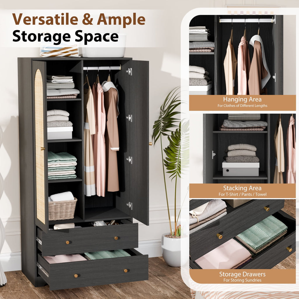 Ktaxon Wardrobe Armoire Closet with Hanging Rod, Modern Drawer & Shelf – Elegant White Finish Closet, Farmhouse to Mid-Century Style