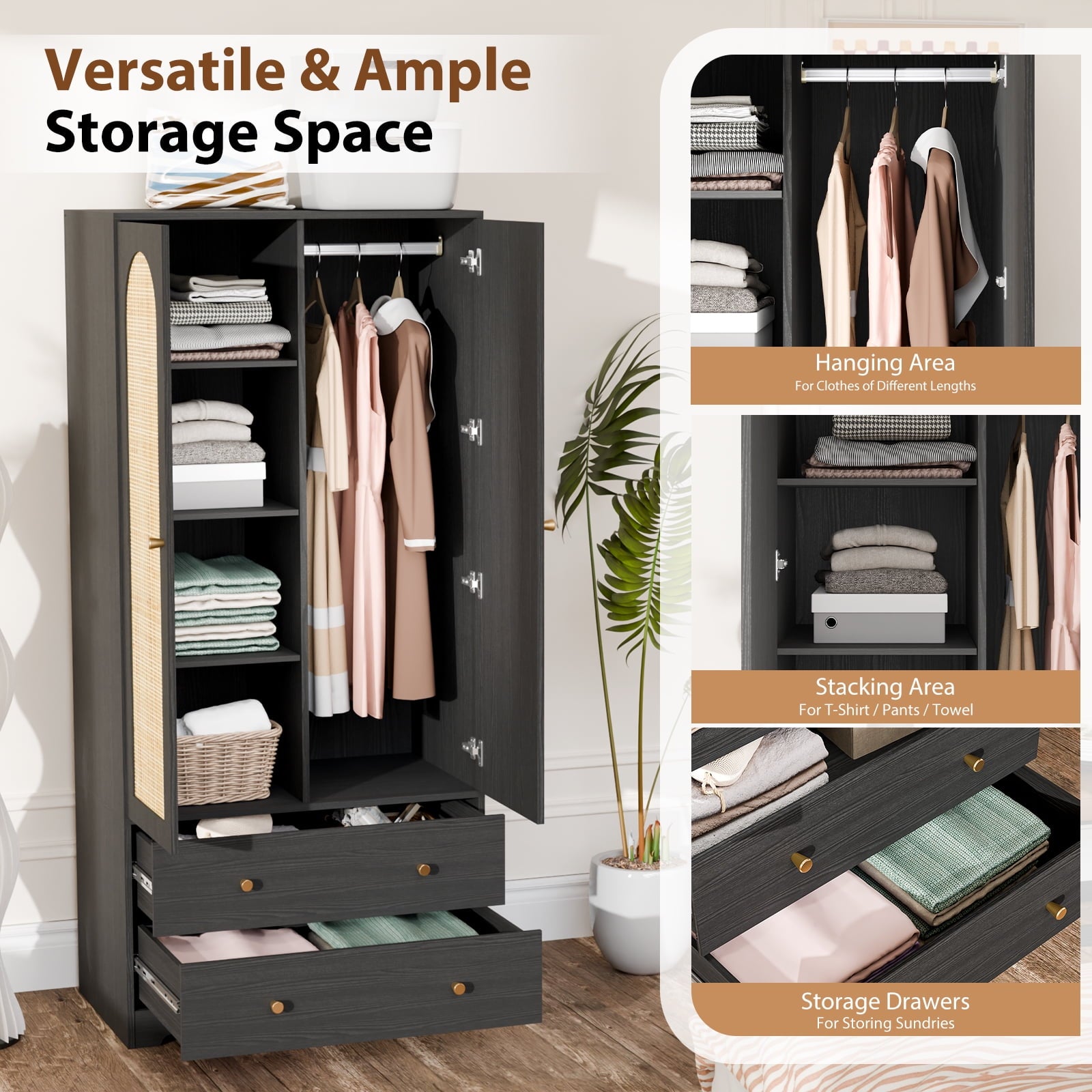 Ktaxon Wardrobe Armoire Closet with Hanging Rod, Modern Drawer & Shelf – Elegant White Finish Closet, Farmhouse to Mid-Century Style