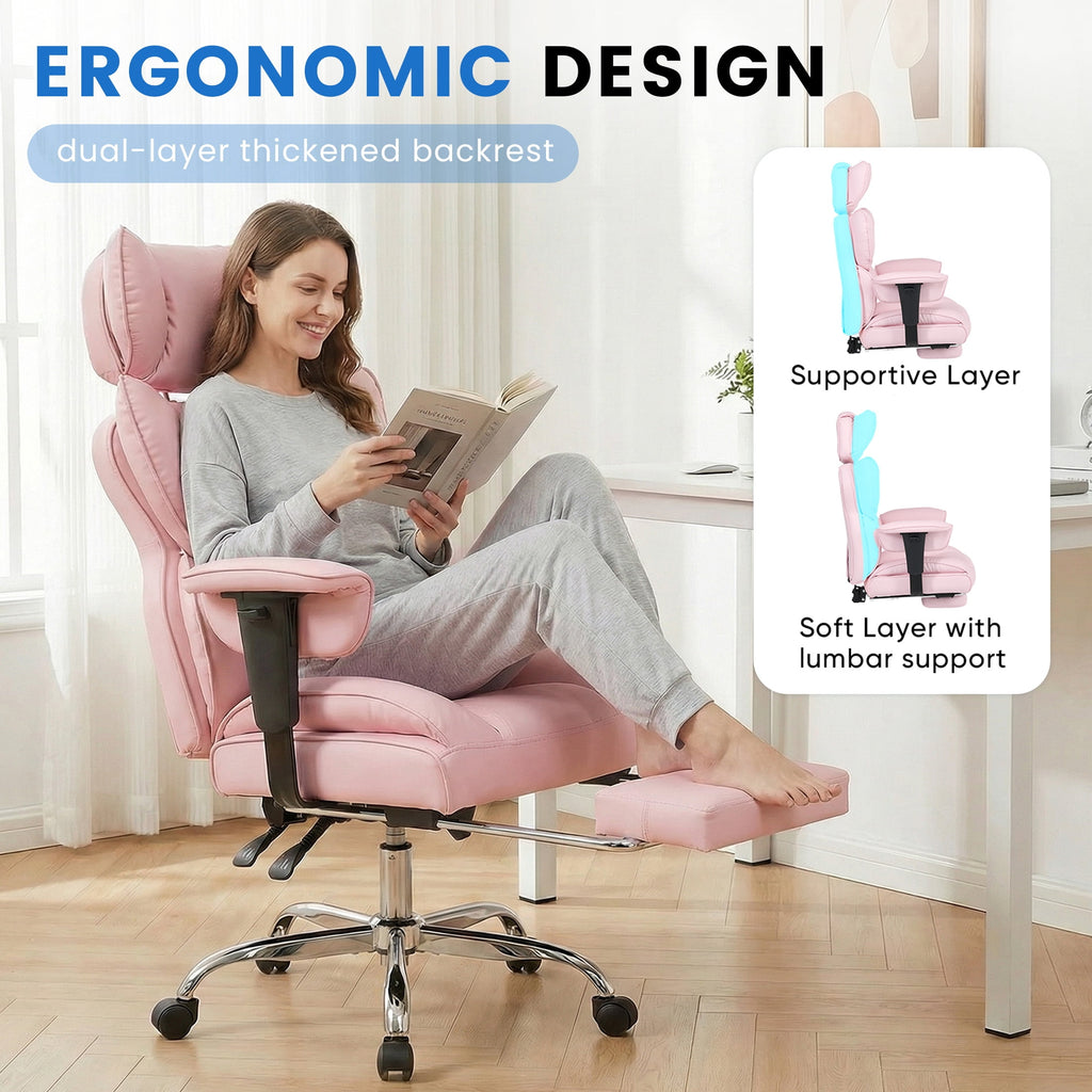 edx Executive Home Office Desk Chair, Ergonomic Big Tall High Back with Footrest & Lumbar Support, Reclining Comfy PU Leather Computer Gaming Chair with Swivel Wheels, Height Adjustable, Black