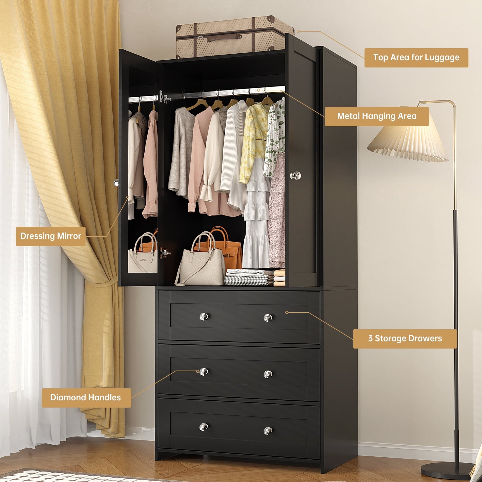 Richya Wooden Freestanding Wardrobe Closet Cabinet with 3 Drawers,Modern Wood Closet Storage Cabinet for Bedroom