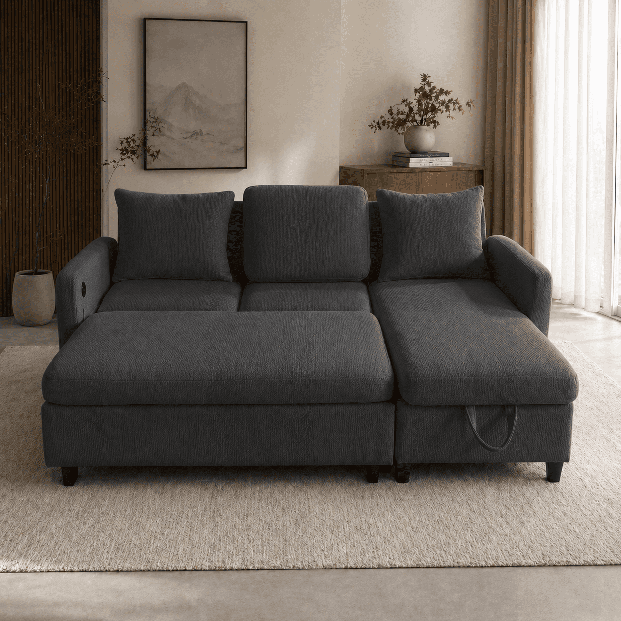 BINBANK L-Shaped Chenille Pull Out Sleeper and Storage Chaise Sectional Futon Sofa Bed with USB, Gray/Beige
