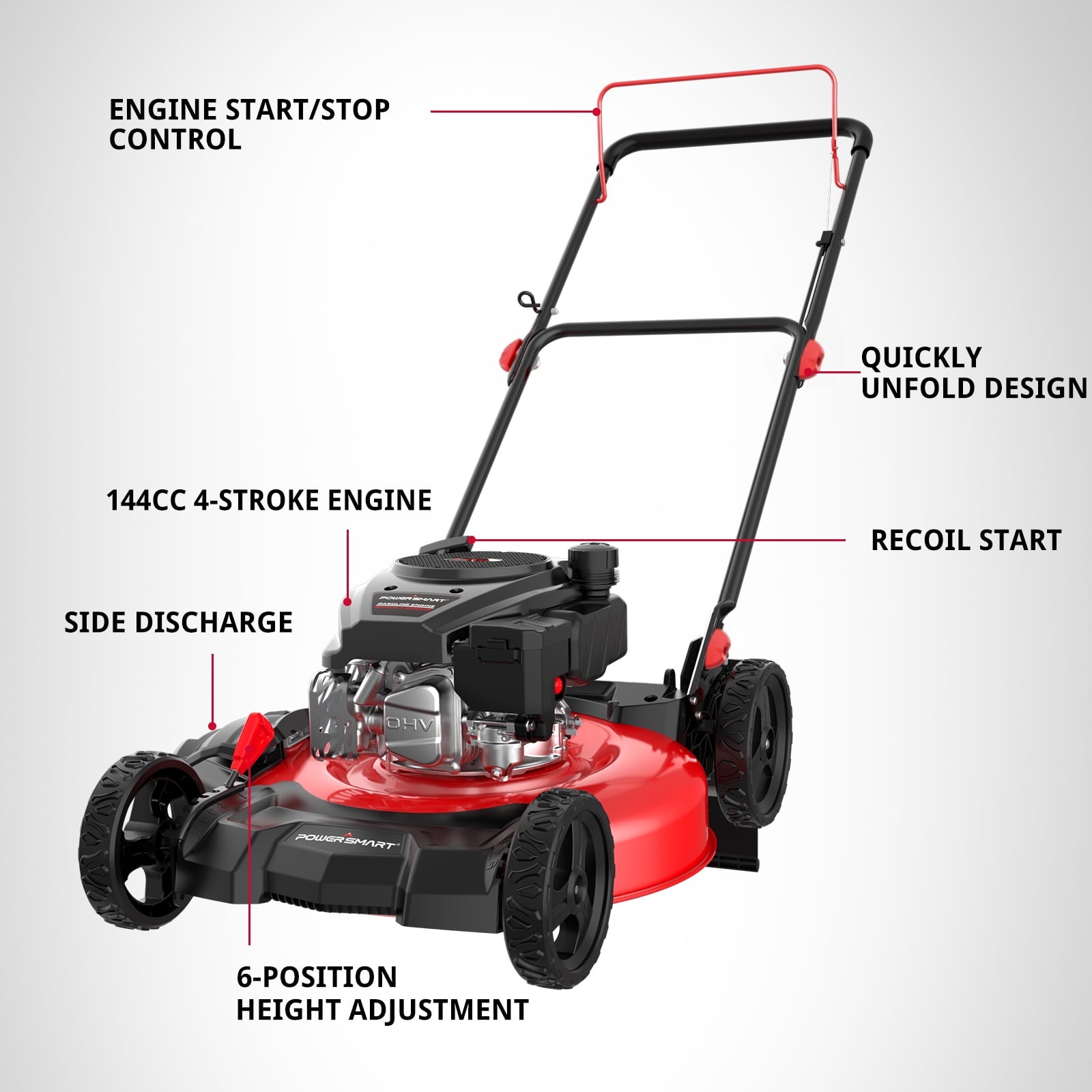 PowerSmart Gas Lawn Mower, 21 inches 144cc 2-in-1 Walk-Behind , Side Discharge Push Lawn Mower
