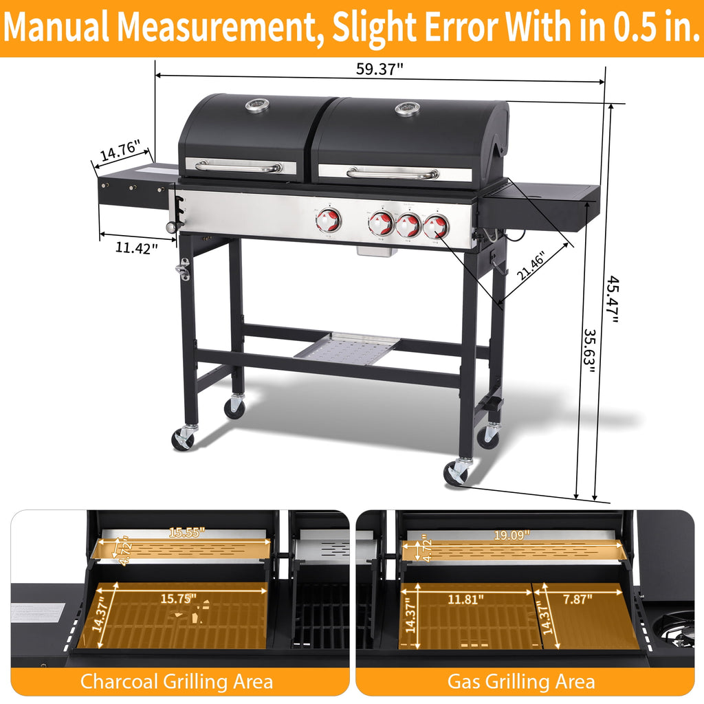 3 Burner Gas & Charcoal Combo Grill with Side Burner, Outdoor BBQ Propane Grill, 673 Sq. In. Cast Iron Grates & Reversible Griddle, 37200 BTU Stainless Steel Lid for Backyard Cooking