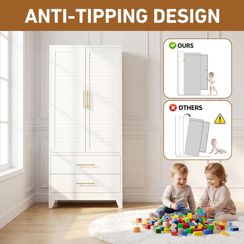 IKIMI 71H Metal Armoire Wardrobe Closet with Adjustable Hanging Rod and Drawers, Clothing Storage Cabinet for Bedroom, Bathroom, White
