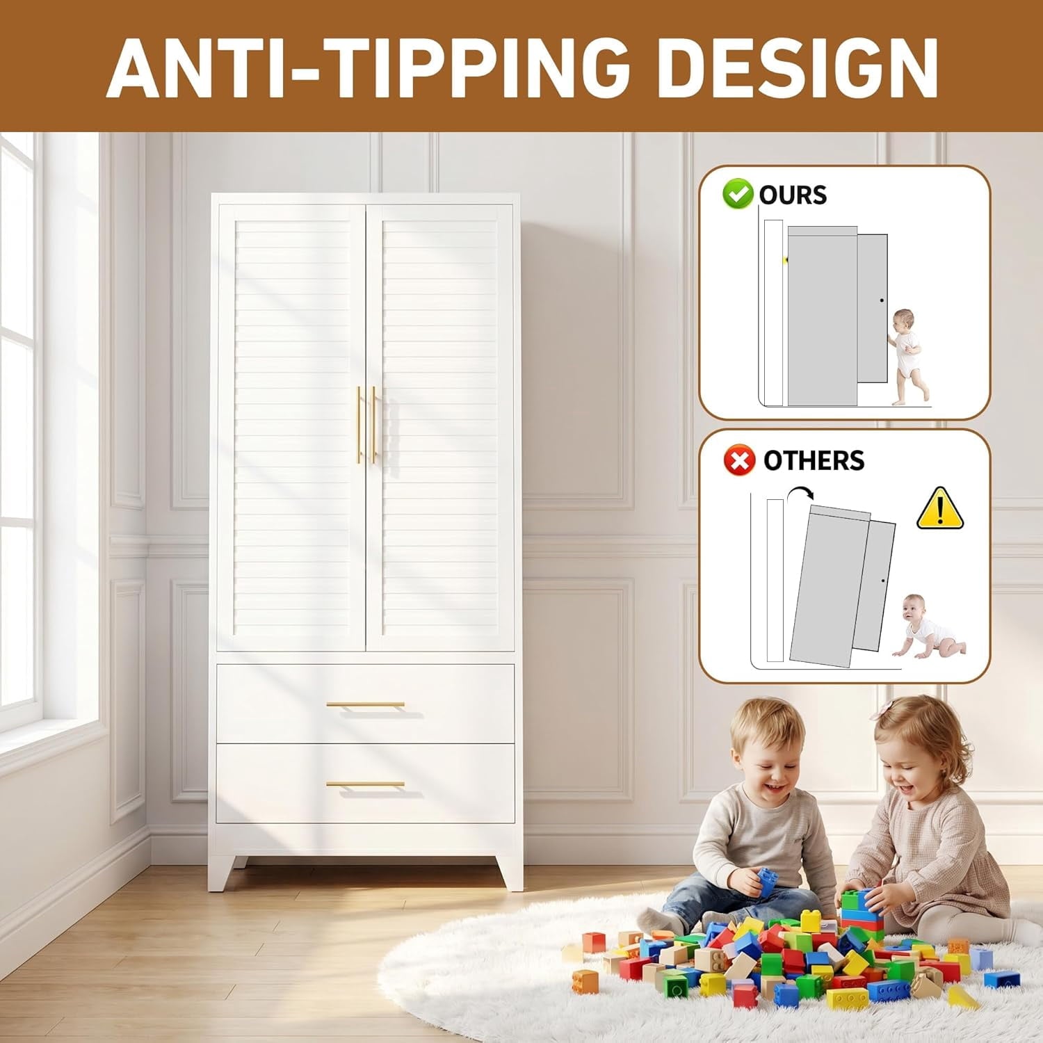 IKIMI 71H Metal Armoire Wardrobe Closet with Adjustable Hanging Rod and Drawers, Clothing Storage Cabinet for Bedroom, Bathroom, White