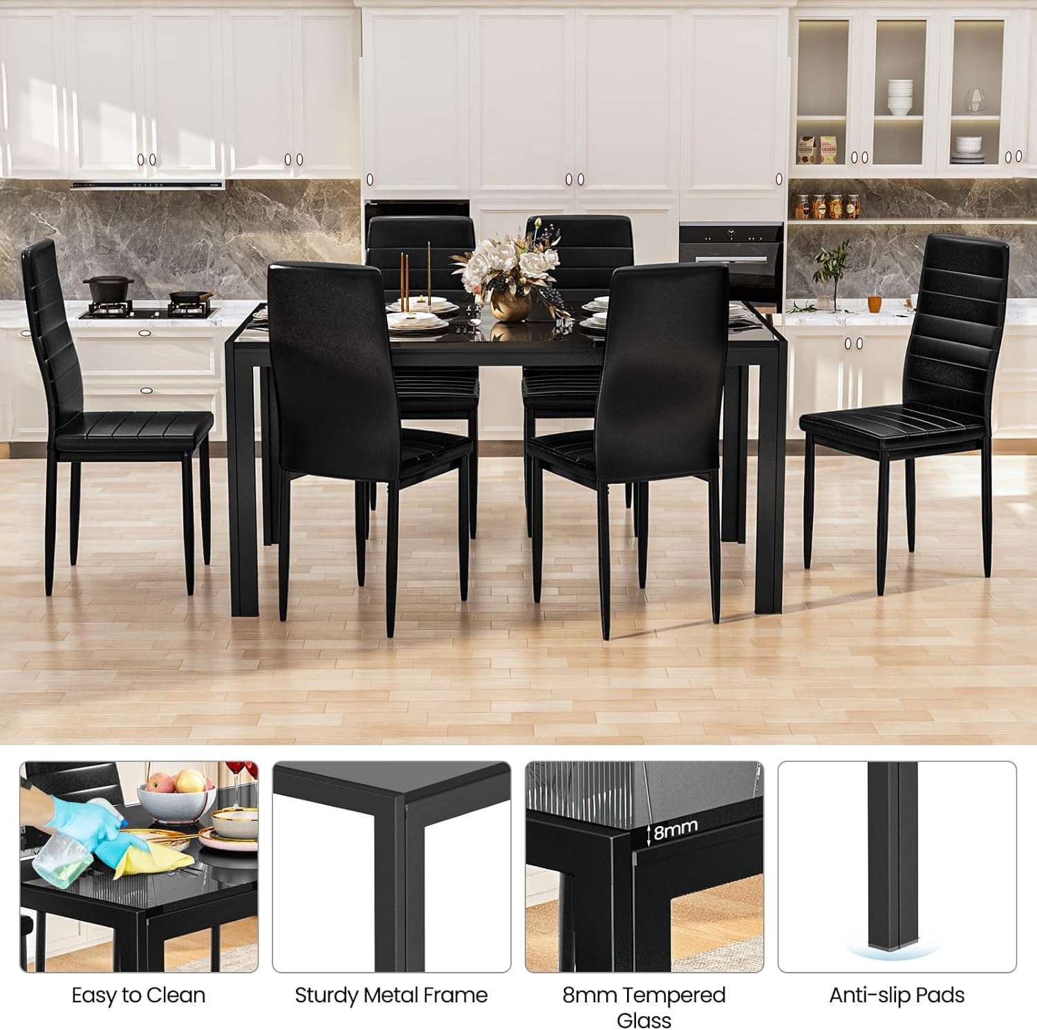 LinkRomat 7-Piece Glass Dining Table Set for 6, Modern Kitchen Table with PU Leather Chairs, Black Dining Room Table and Chairs Set for Small Space, Apartment