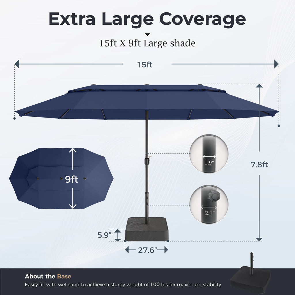 Alpha Joy 15ft Dual-Layer Outdoor Patio Umbrella Extra-Large Double-Sided Garden Umbrella with Ventilation and Base - Beige