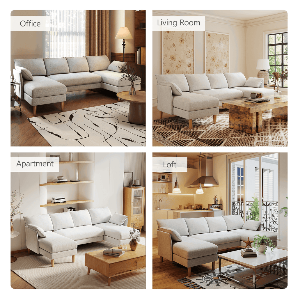 BedLuxury 100 U-Shape Sectional Sofa with Chaise, Chenille Modern Couch with High Legs for Living Room, Apartment, Beige