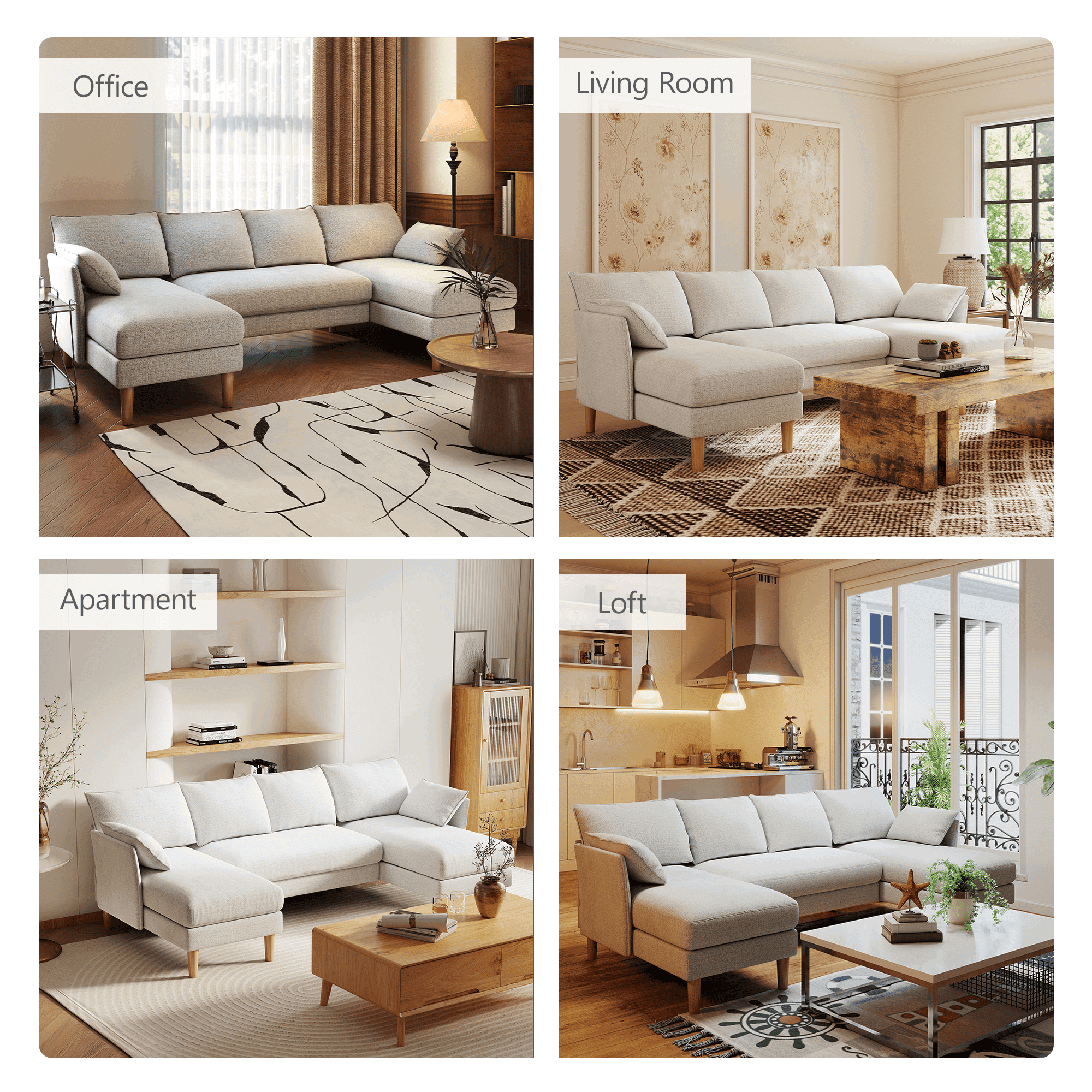BedLuxury 100 U-Shape Sectional Sofa with Chaise, Chenille Modern Couch with High Legs for Living Room, Apartment, Beige