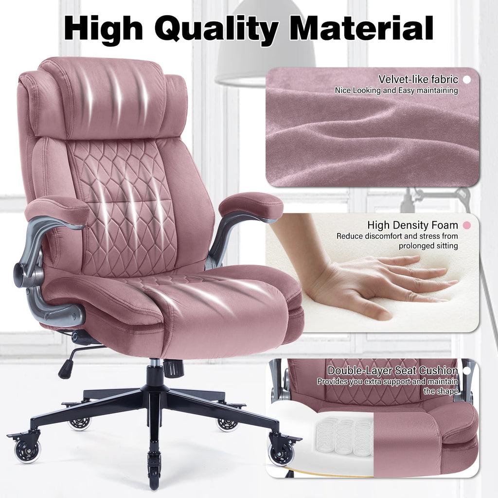 High Back Office Chair with Lockable Wheels, 400lbs Large Fabric Executive Desk Chair, Adjustable Lumbar Support Flip up Arms, Ergonomic Home Office Computer Chair with Storage Pocket, Black