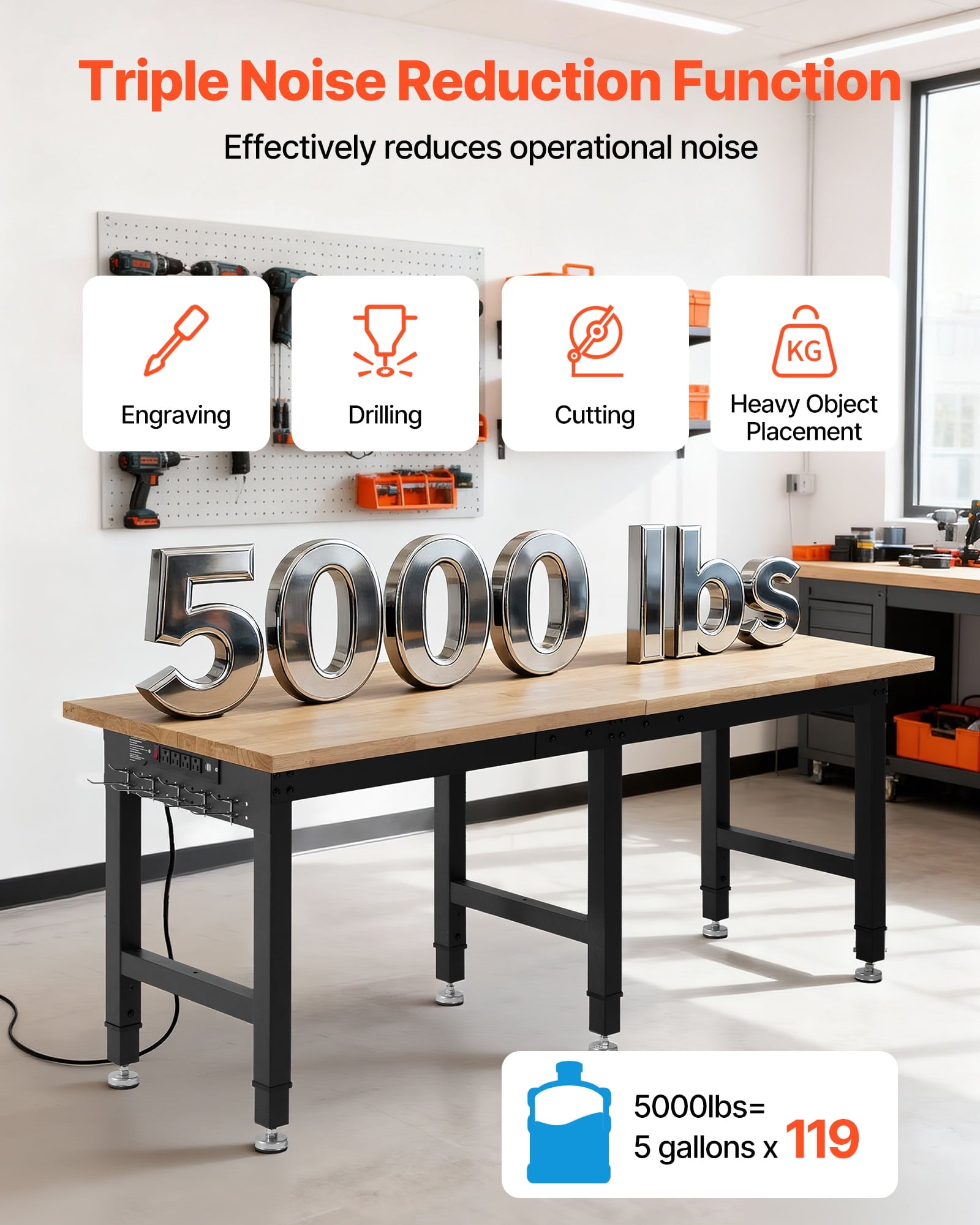 VEVOR Adjustable Workbench, 5000 lbs Capacity, 72 x 24 Inch Oak Wood Top Workstation with 4 AC Outlets & 2 USB Ports, Heavy-Duty Hardwood Worktable for Garage, Workshop, Home, Office, Commercial