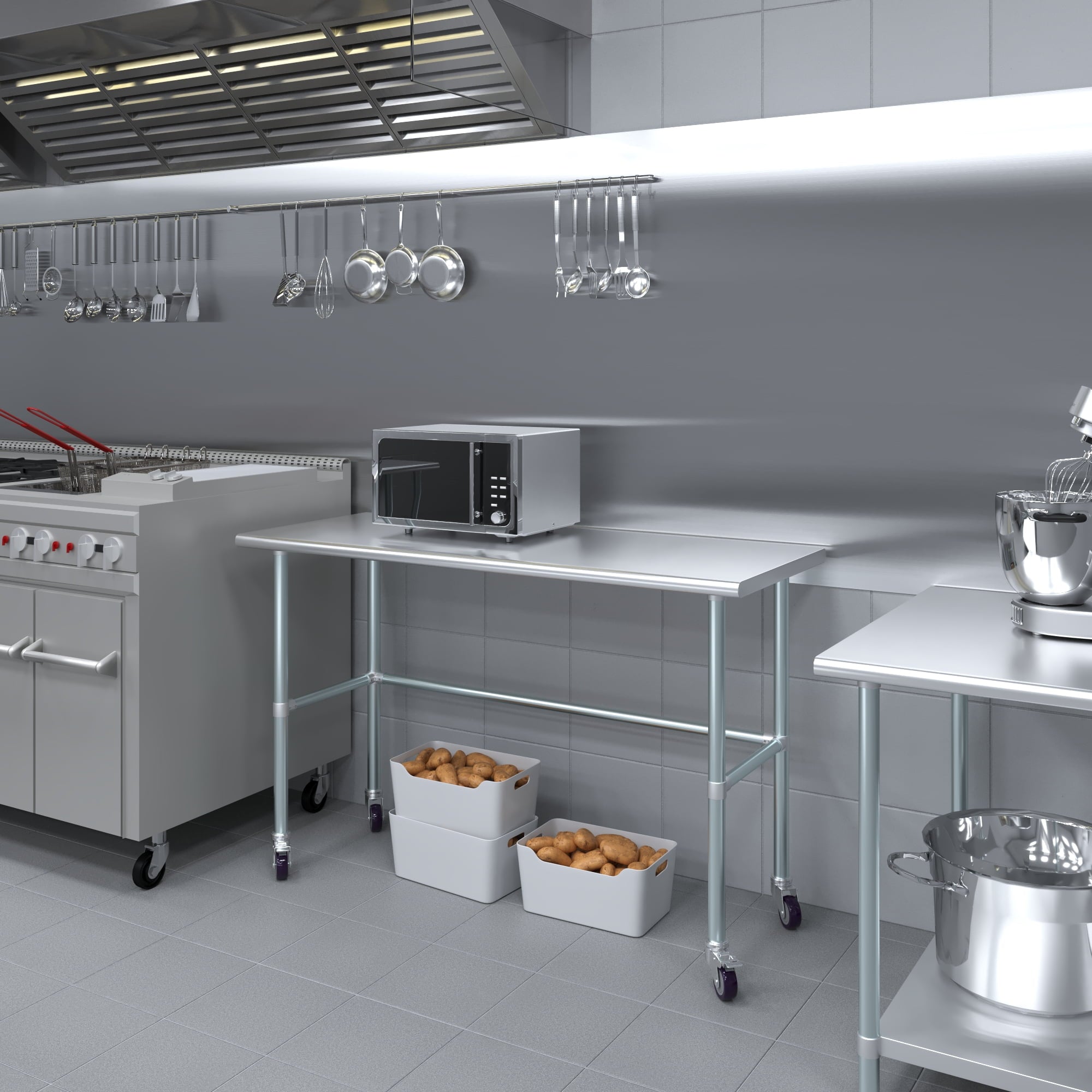 AmGood 36 Long x 30 Deep Stainless-Steel Work Table with Open Base and Wheels, Mobile Metal Table