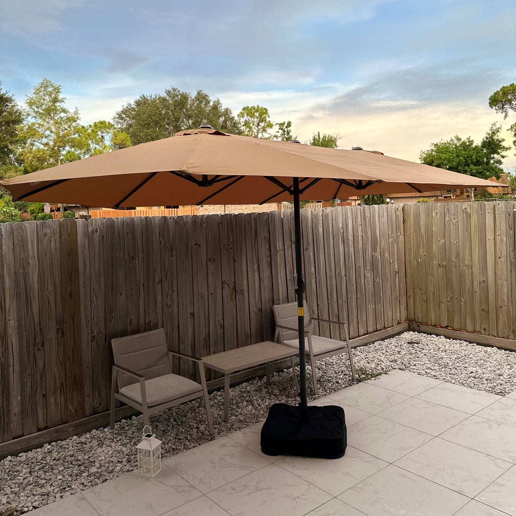 Outsunny Patio Umbrella 15' Steel Rectangular Outdoor Double Sided Market with base, Sun Protection & Easy Crank for Deck Pool Patio, Beige