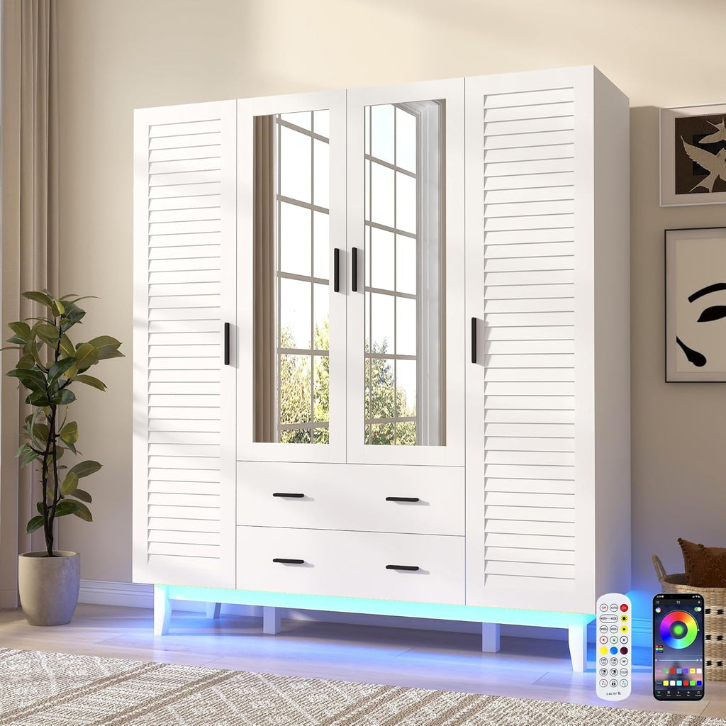 Blotout 70 Armoire Wardrobe Closet with Mirror & LED Lights, LED White Louver Door Wardrobe Armoire with 3 Drawers & Hanging Rods, Large 3 Doors Armoire Storage with Multi-Layer Shelves