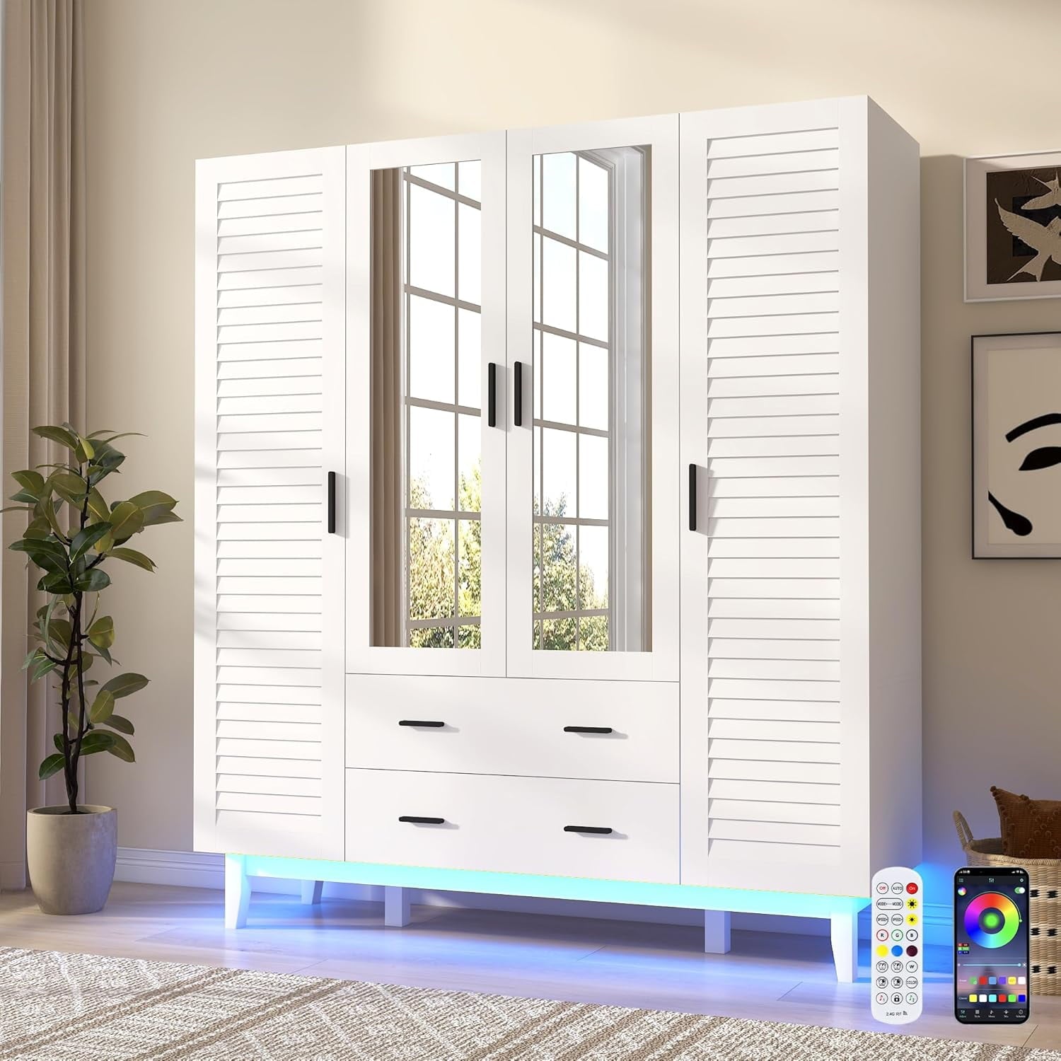 Blotout 70 Armoire Wardrobe Closet with Mirror & LED Lights, LED White Louver Door Wardrobe Armoire with 3 Drawers & Hanging Rods, Large 3 Doors Armoire Storage with Multi-Layer Shelves