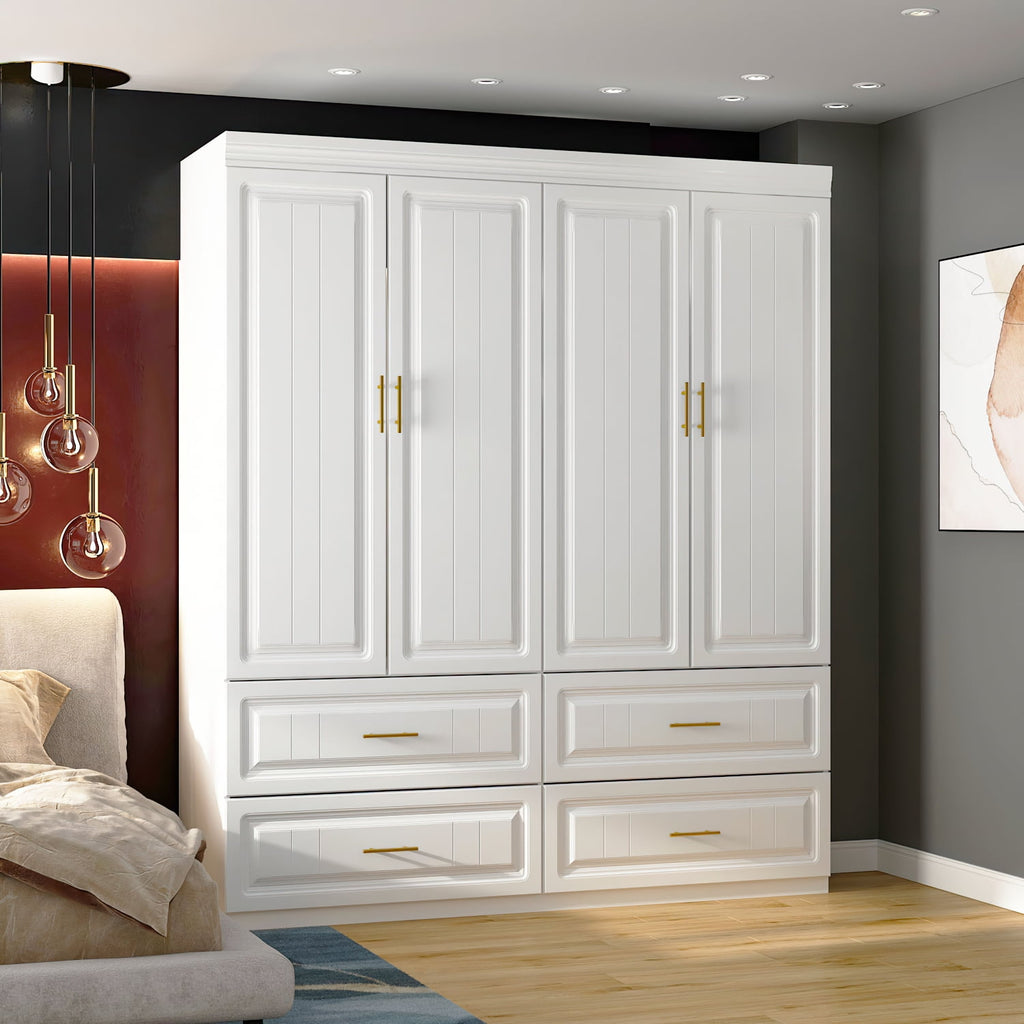KULAGAGA 4-Door White Armoire, 63 Wide Wardrobe Storage Cabinet with Shelves and Drawers for Bedroom,74.4 H
