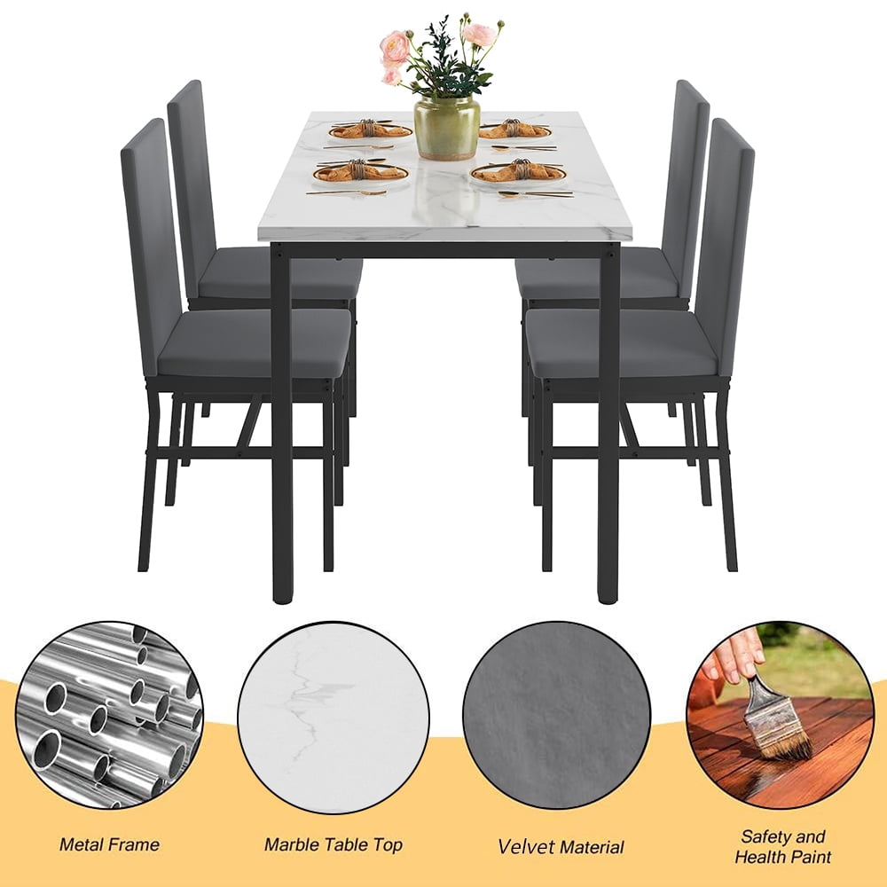 5 Piece Dining Table Set, Modern Faux Marble Tabletop and 4 PU Leather Upholstered Chairs, Rectangle Kitchen Table and Chairs for 4 Persons, Small Dining Set for Bar Dining Room Breakfast Nook
