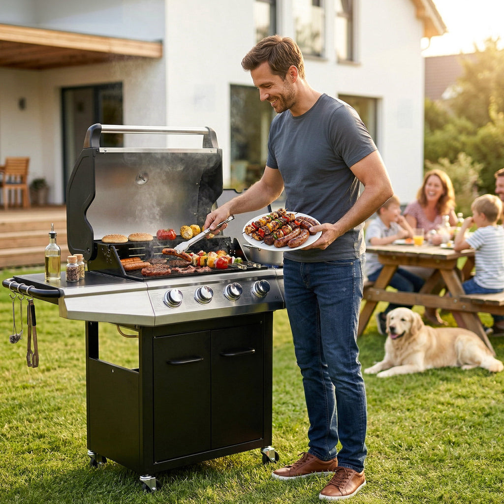 MASTER COOK 4+1 Burners Propane Gas Grill, 52,000 BTU Cabinet BBQ Grill with Side Stove, 518 Sqin Cooking Area, Stainless Steel