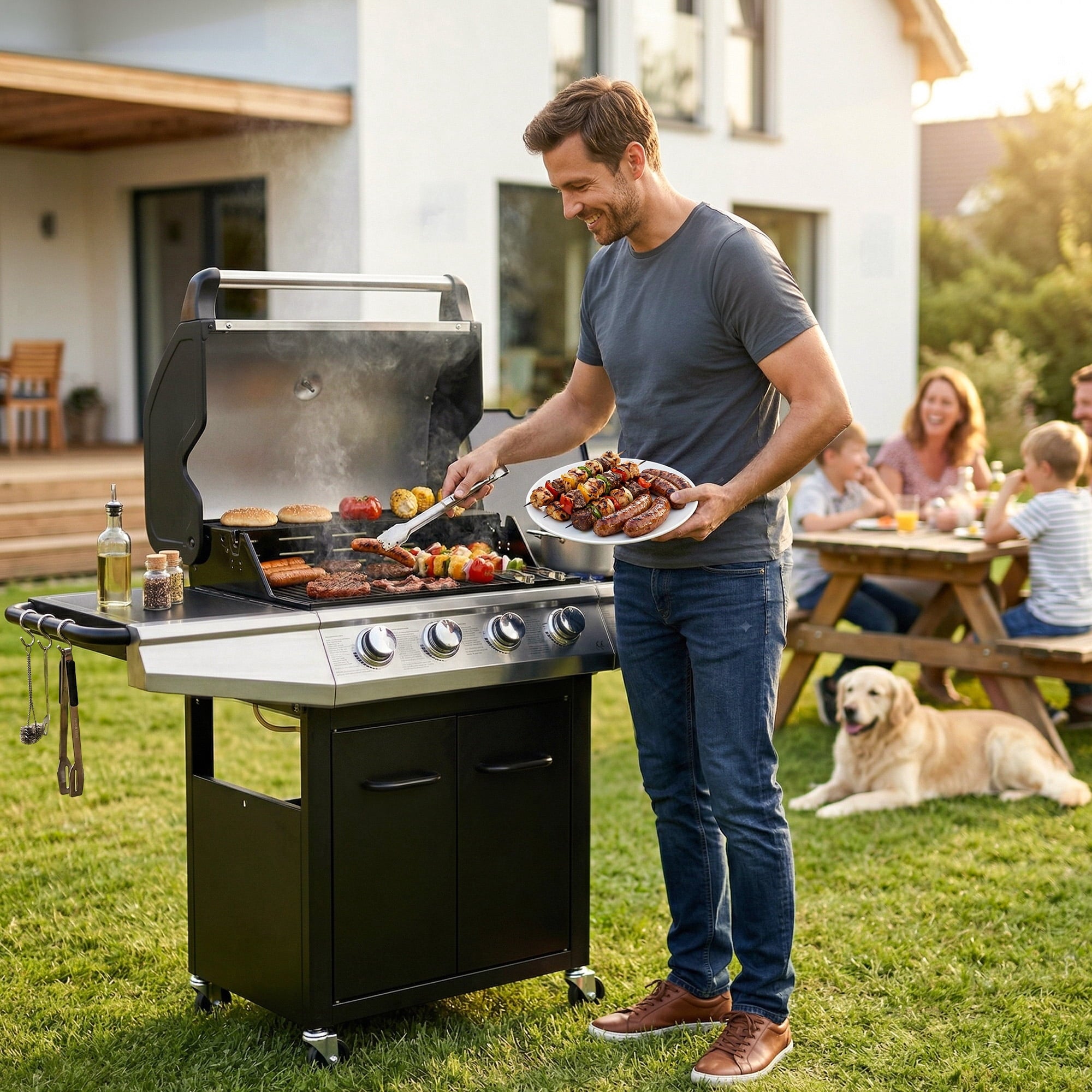 MASTER COOK 4+1 Burners Propane Gas Grill, 52,000 BTU Cabinet BBQ Grill with Side Stove, 518 Sqin Cooking Area, Stainless Steel