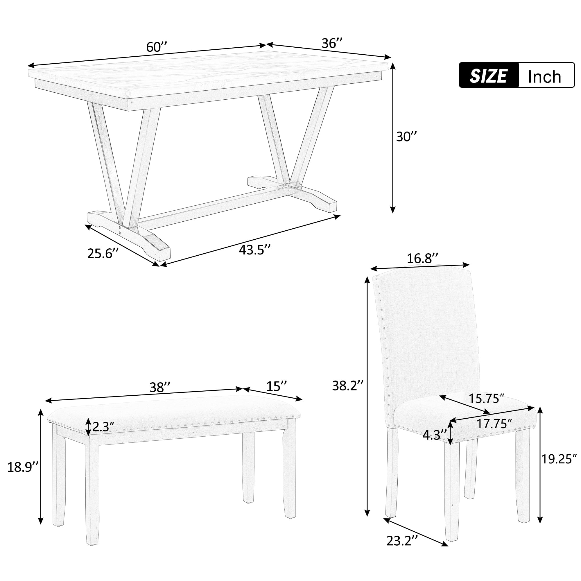 Harper & Bright Designs Dining Table Set for 6 with Bench Rectangular Table and 4 Upholstered Chairs for Kitchen, Gary