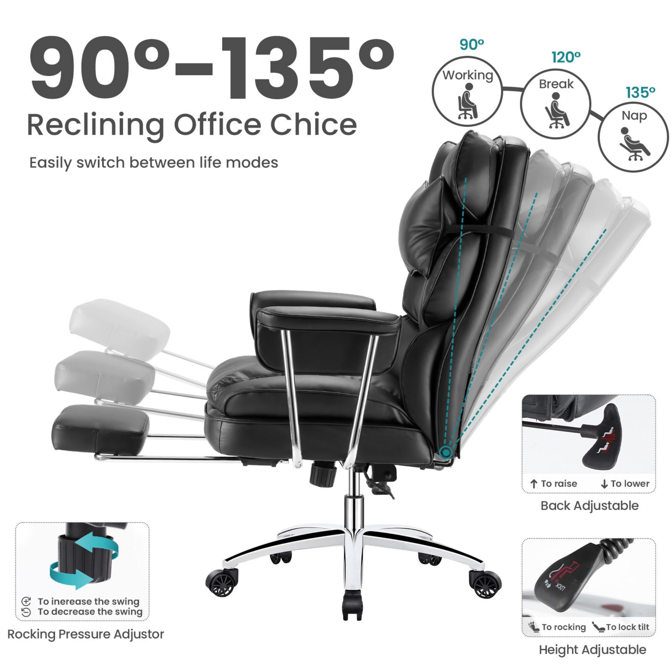 edx Executive Home Office Desk Chair, Ergonomic Big Tall High Back with Footrest & Lumbar Support, Reclining Comfy PU Leather Computer Gaming Chair with Swivel Wheels, Height Adjustable, Black