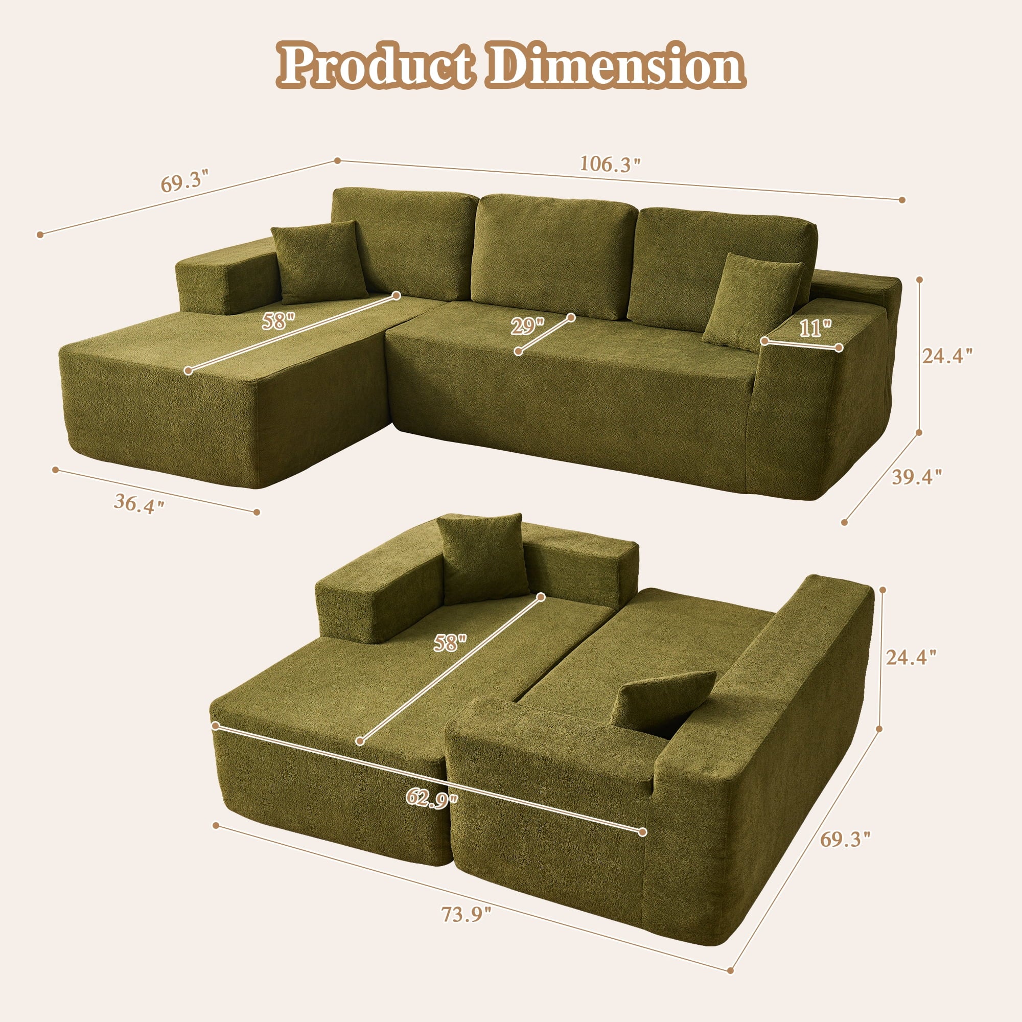Ovios 106 Cloud Sofa Couch No Assembly Boneless Deep Seat Sofa for Living Room, Black (Corduroy)