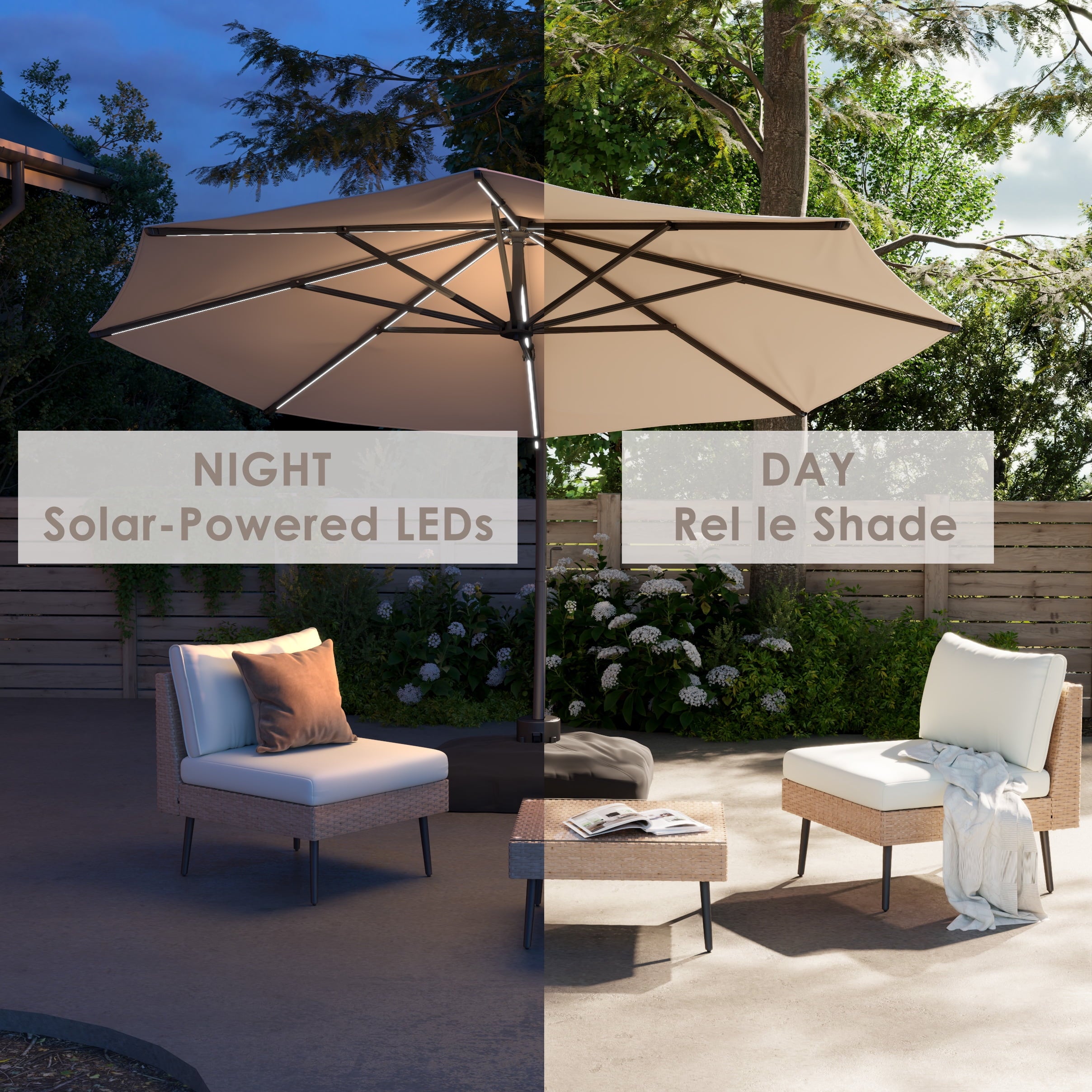 LAZZO 12ft Outdoor Patio Umbrella with Base and Lights, Aluminum Offset Cantilever Umbrella for Pool Deck, Champagne