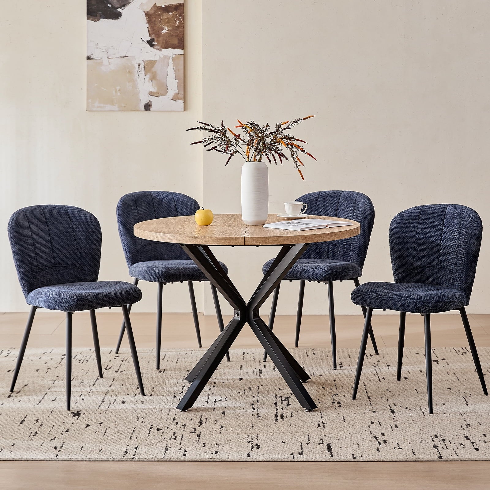 5 Piece 39 Round Dining Table Set for 4, Mid Century Kitchen Table with 4 Khaki Fabric Upholstered Dining Chairs for Apartment Living Room, Space Saving Table.
